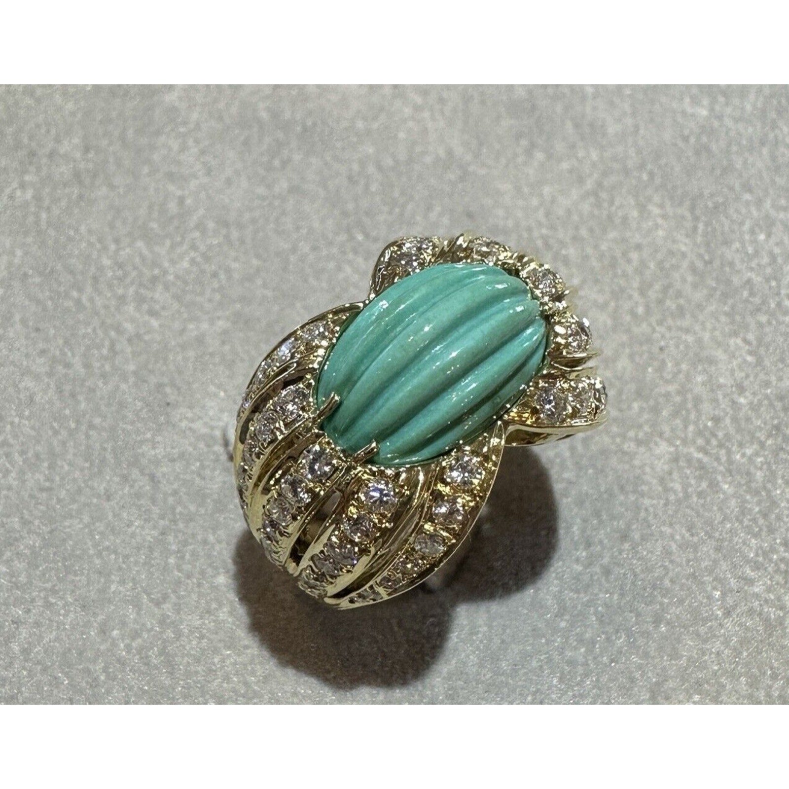 Estate Carved Turquoise & Diamond Cocktail Ring in 18k Yellow Gold