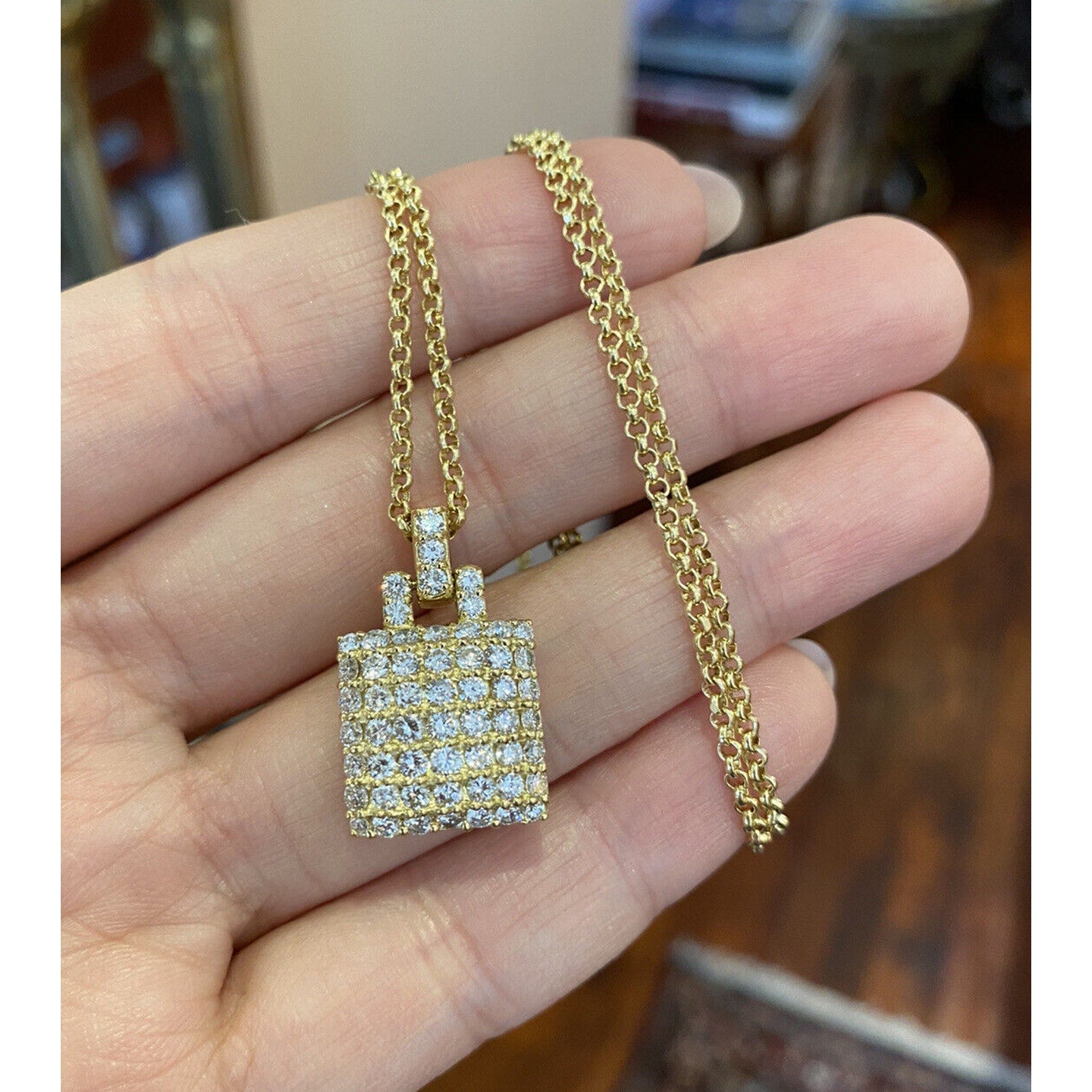 Square Diamond Pave Pendant Necklace 2.00 cttw in 18k Yellow Gold