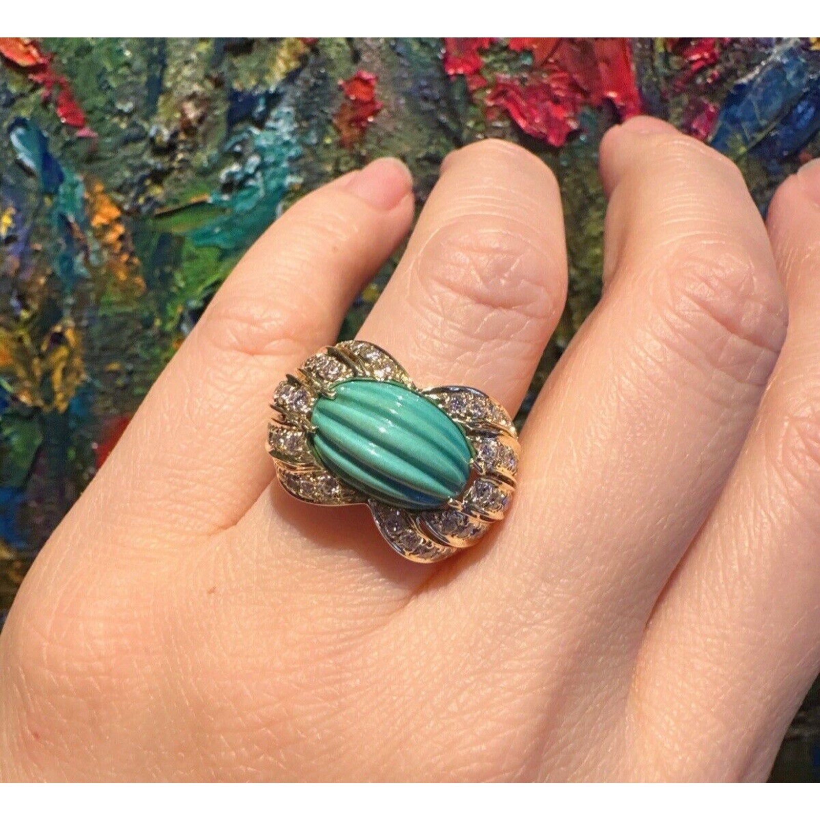 Estate Carved Turquoise & Diamond Cocktail Ring in 18k Yellow Gold