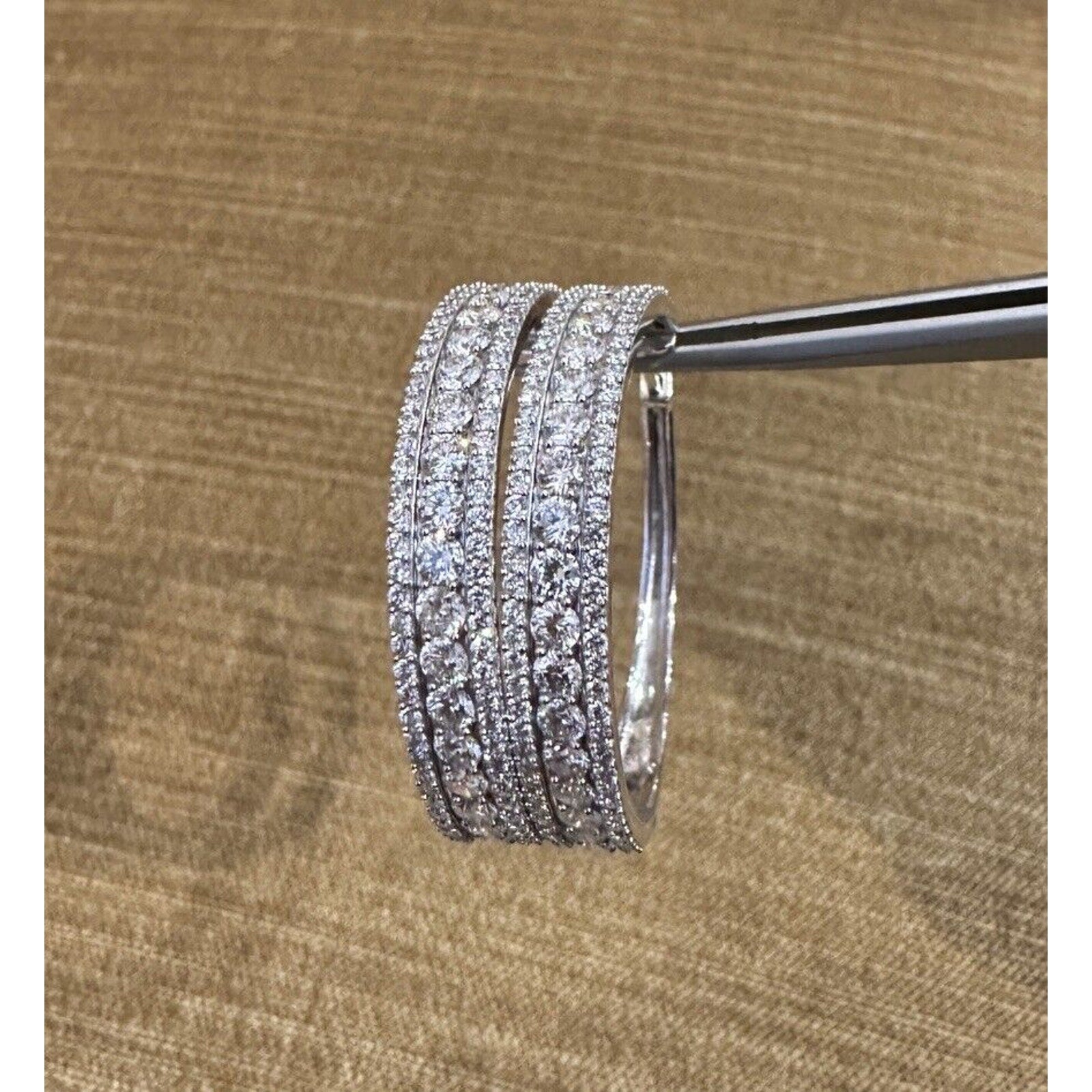 1.50" Round Wide 3 Row Front Side Diamond Hoops in 14k White Gold-HM2451AR