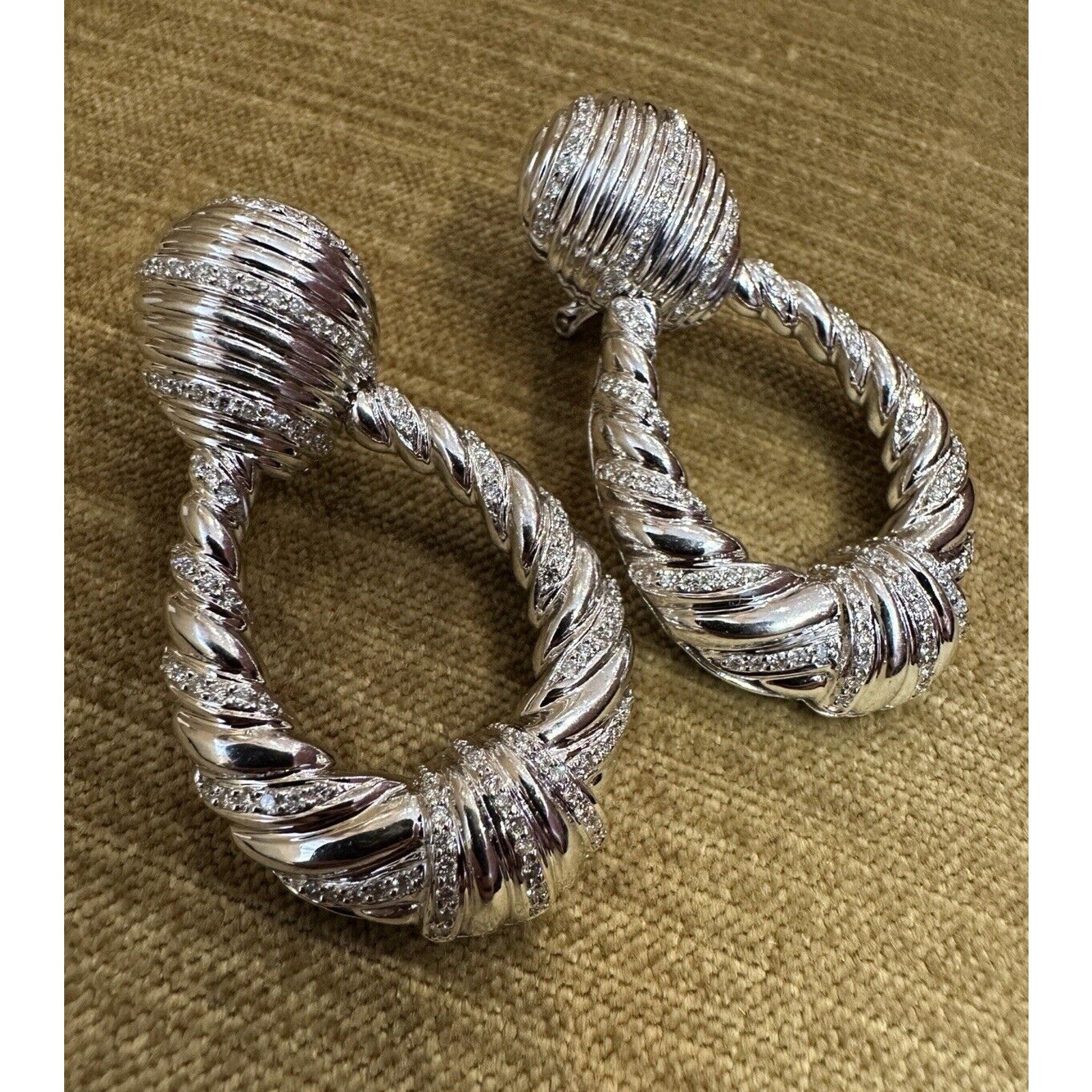 Large Twist Diamond Door-knocker Drop Earrings in 18k White Gold