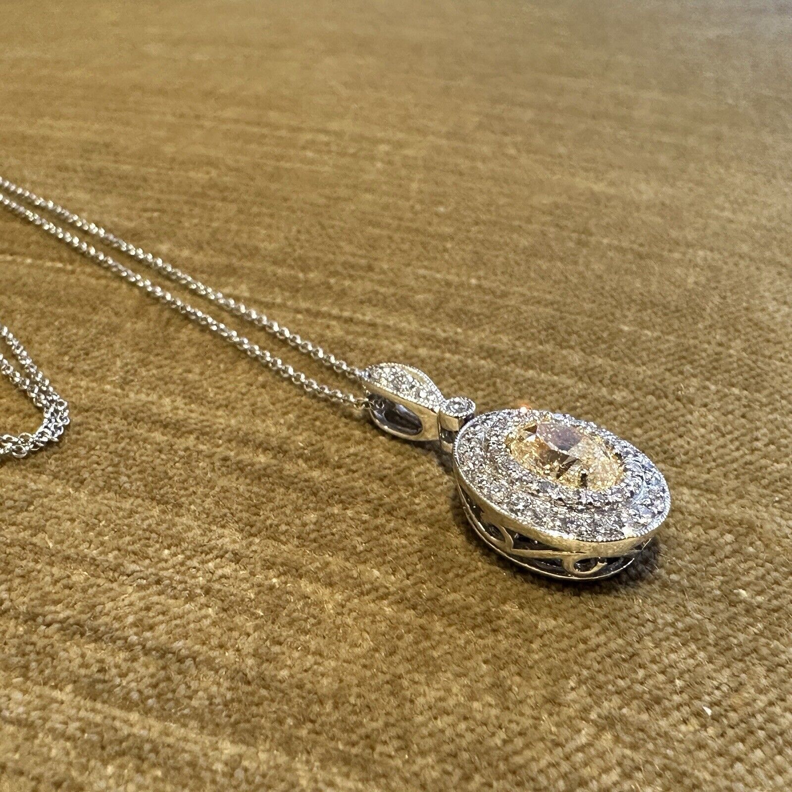 GIA Natural Yellow 1.50 ct Oval Diamond Pendant Necklace in White Gold