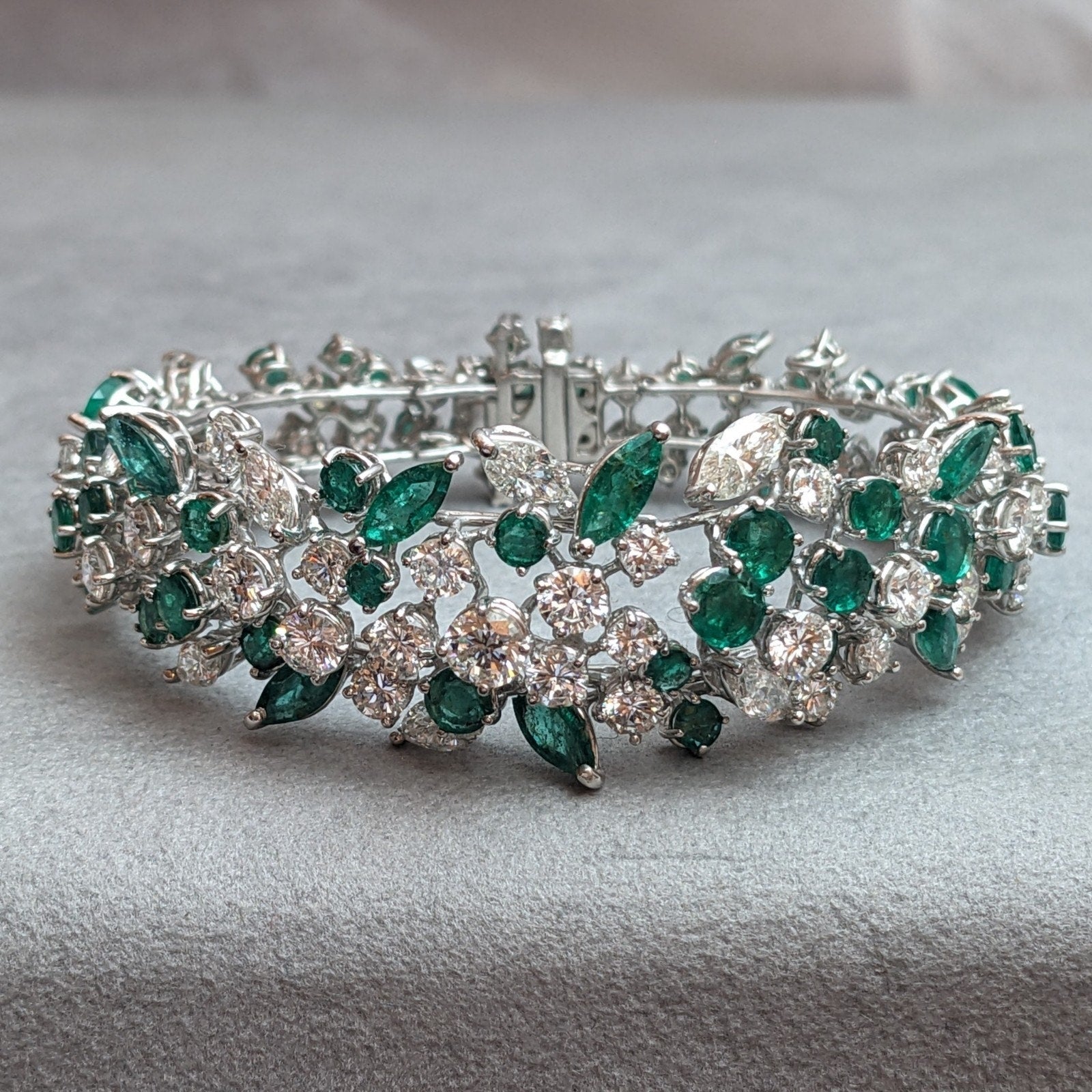 Round and Marquise Diamond and Emerald Cluster Bracelet in Platinum & 14k