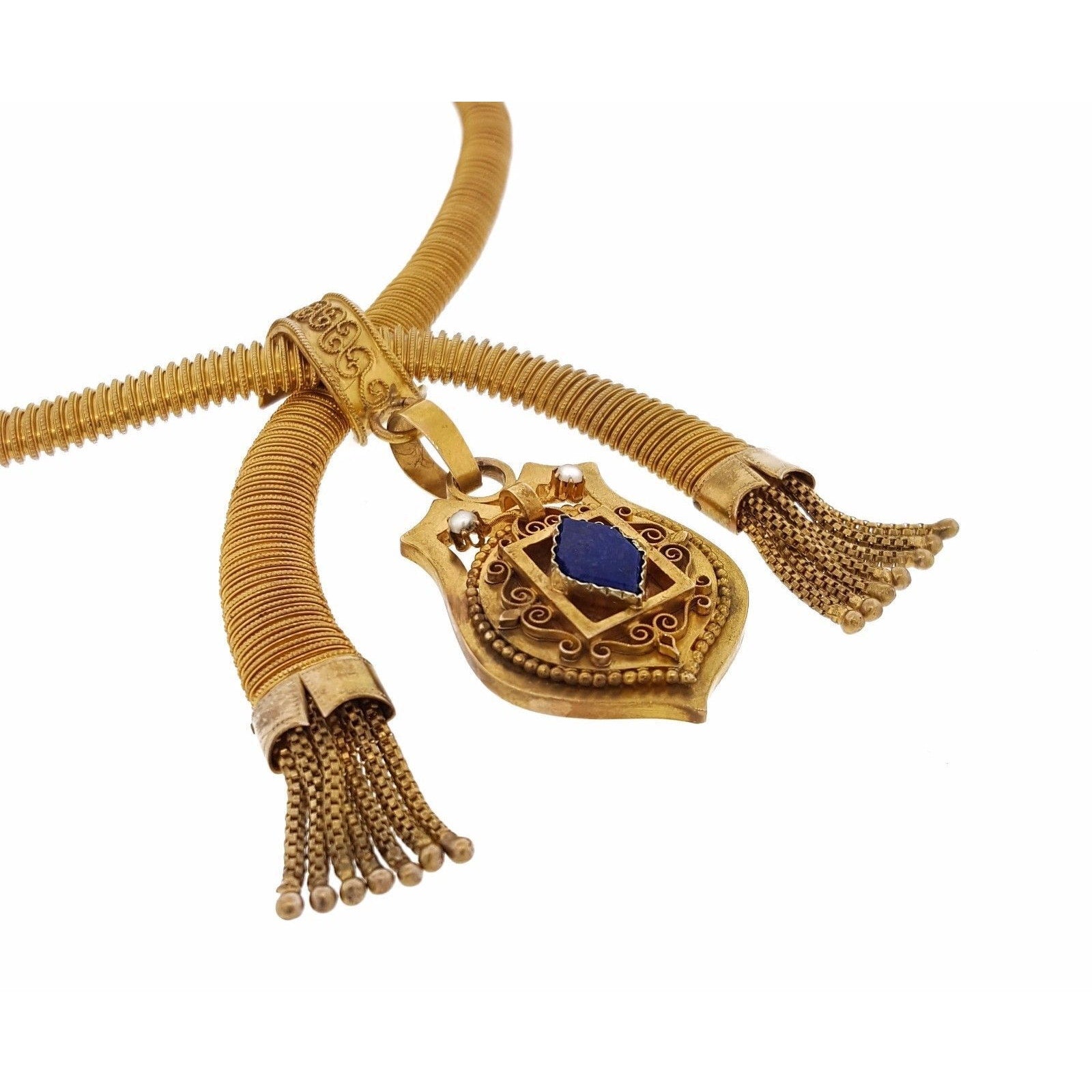 Victorian Coil Style Necklace with Tassel and Locket in 14k and 18k