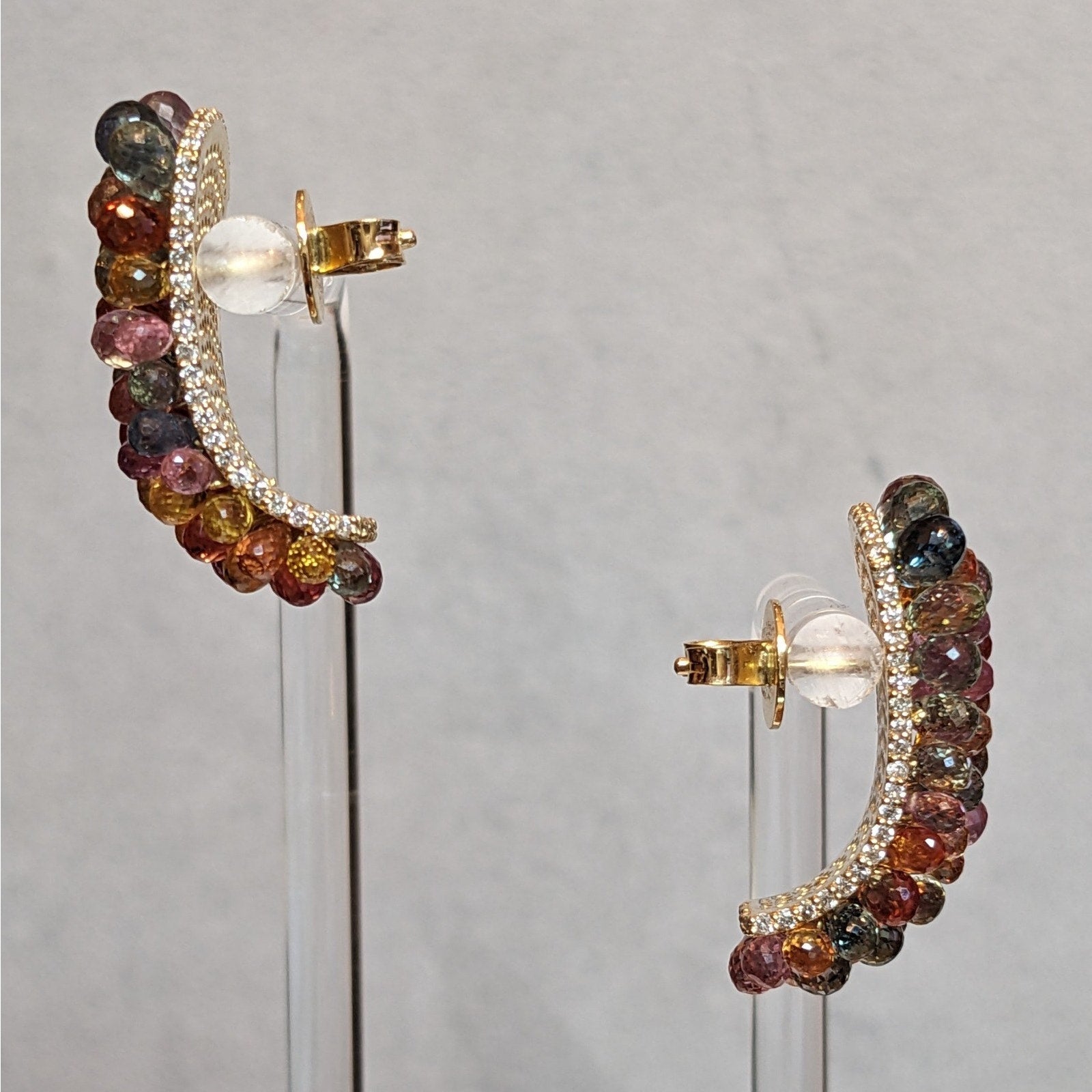 Multicolor Sapphire Briolette and Diamond Earrings in 18k Yellow Gold