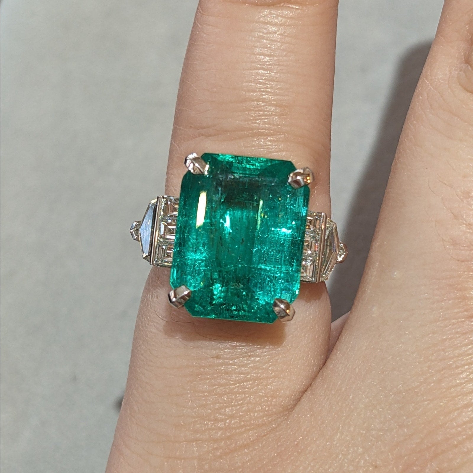 GIA 12.49 ct Colombian Emerald and Diamond Ring in Platinum