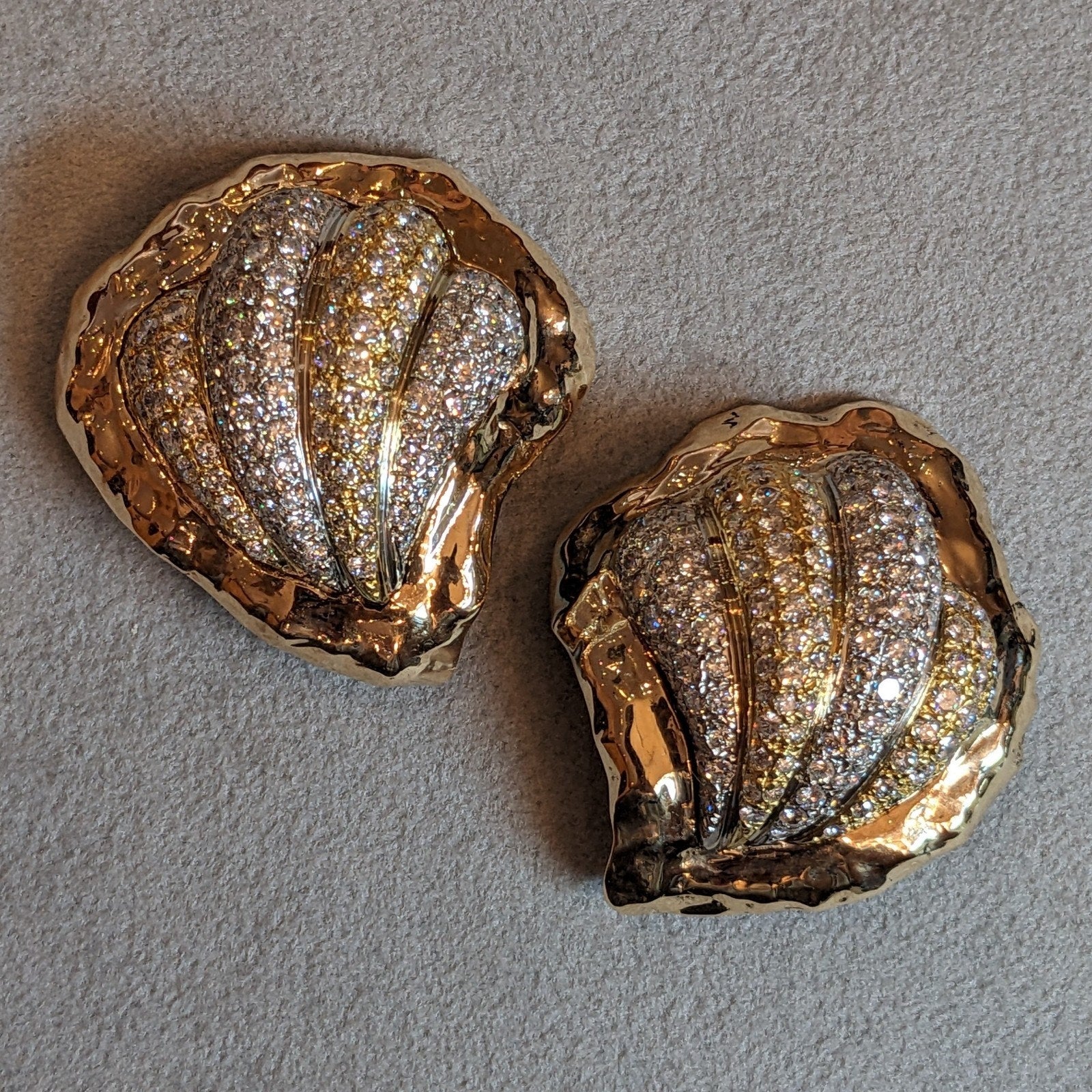 Diamond Pave Seashell Earrings 4.25 ctw in 14k Yellow & White Gold