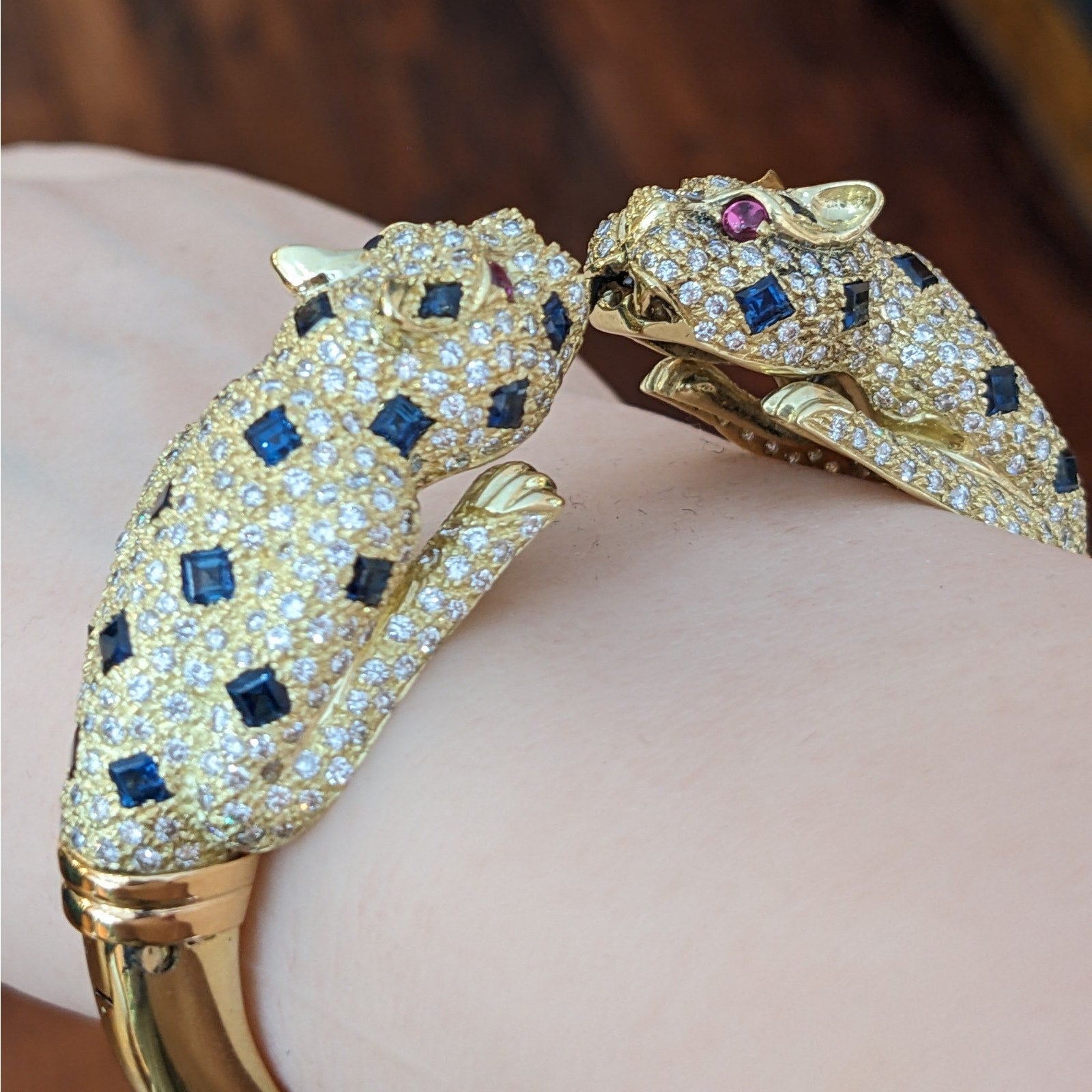 Panther Diamond and Sapphire Pave Bangle Bracelet in 18k Yellow Gold