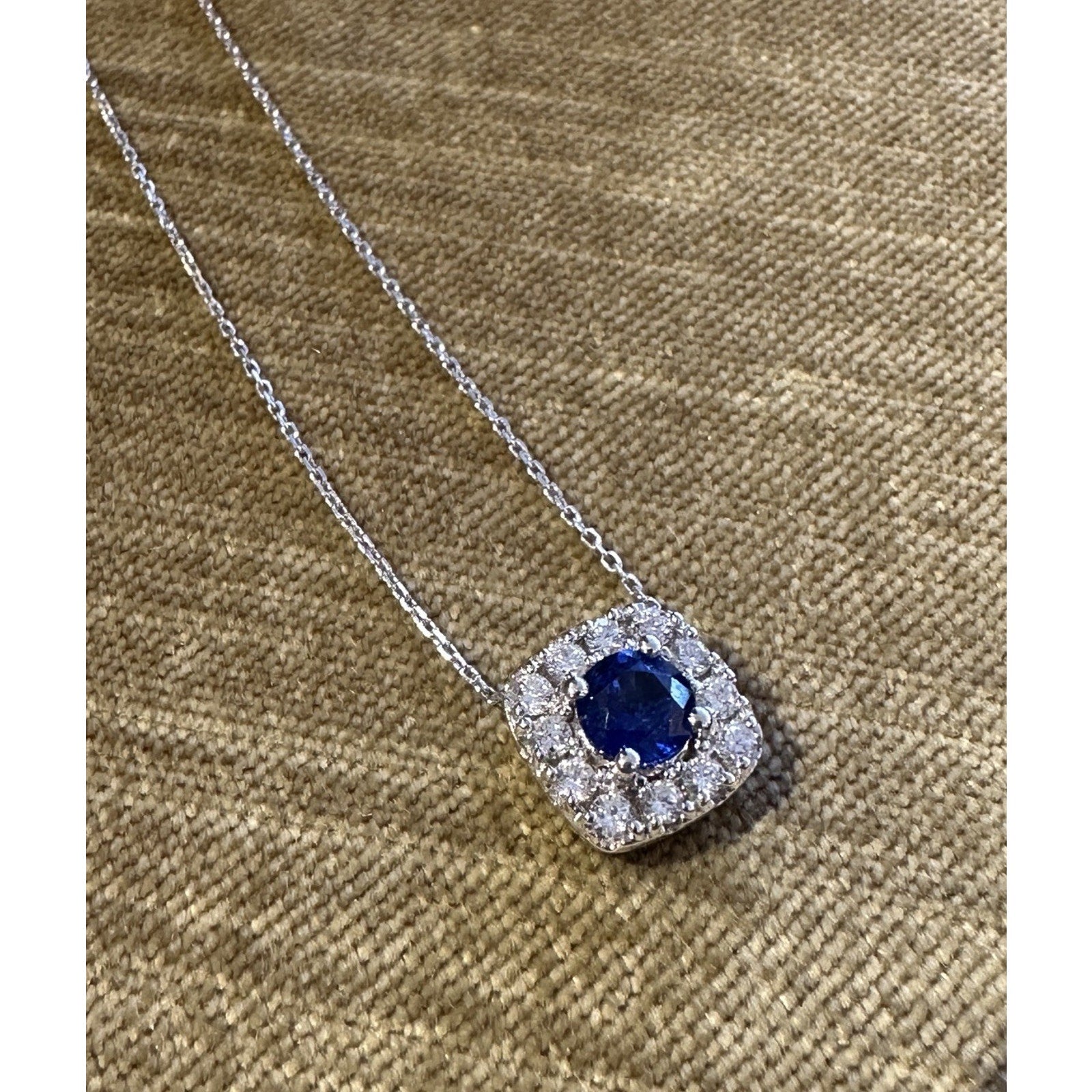 Natural Sapphire & Diamond Halo Pendant Necklace in 14k White Gold