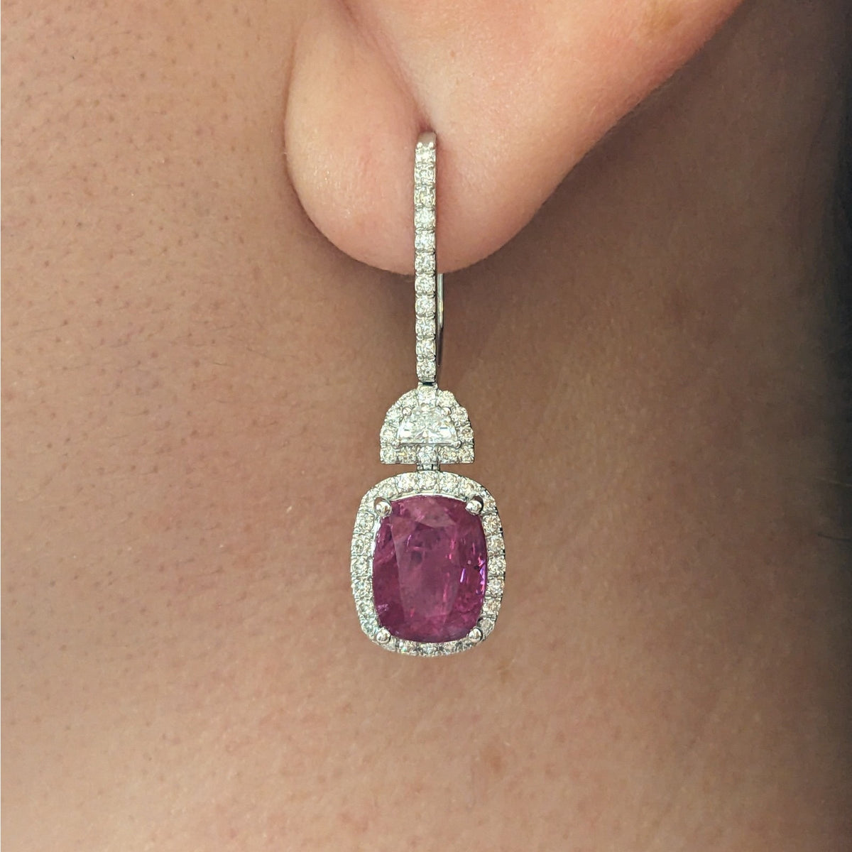 GIA Unheated Cushion Ruby & Diamond Drop Earrings in 18k White Gold