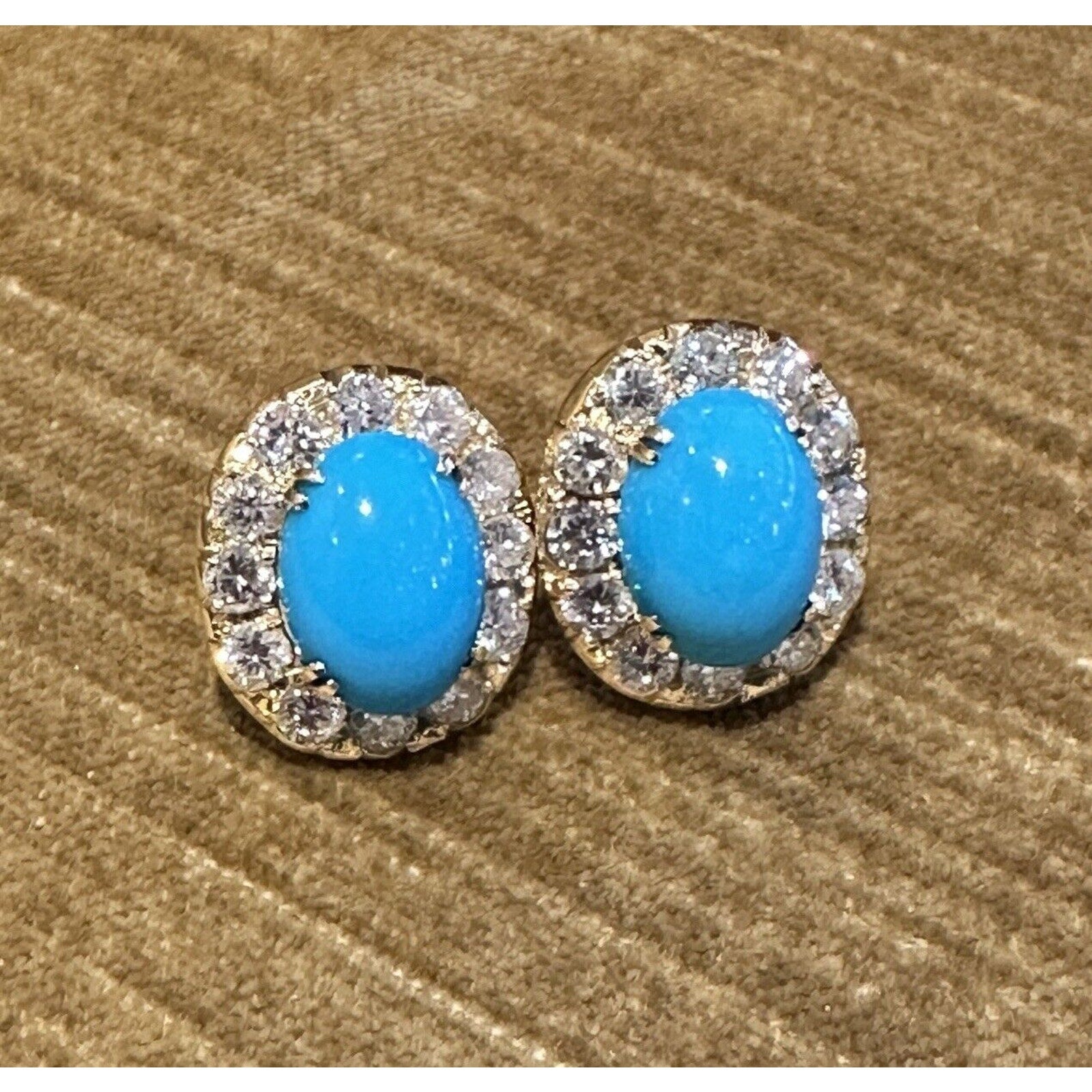 Turquoise and Diamond Halo Button Earrings in 18k Yellow Gold