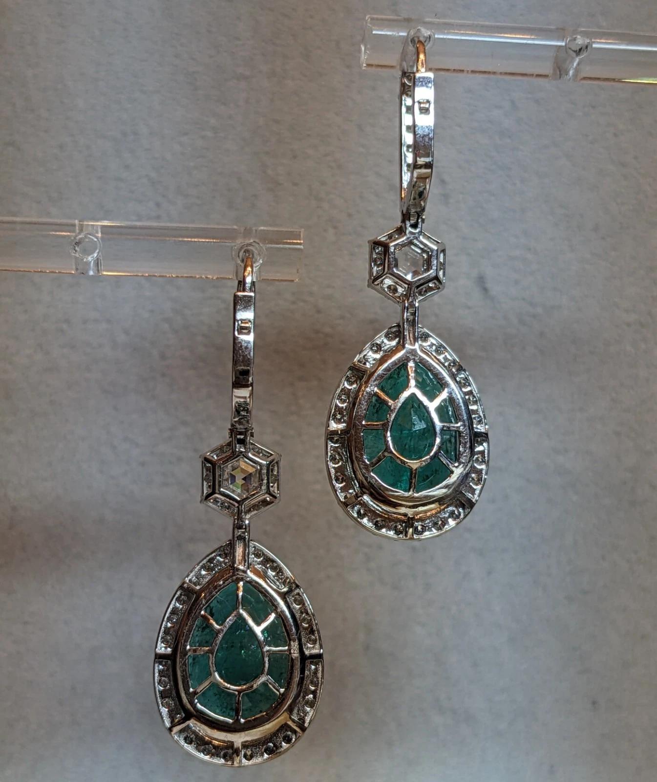 Large Pear Emerald Drop Earrings with Diamonds in 18k White Gold