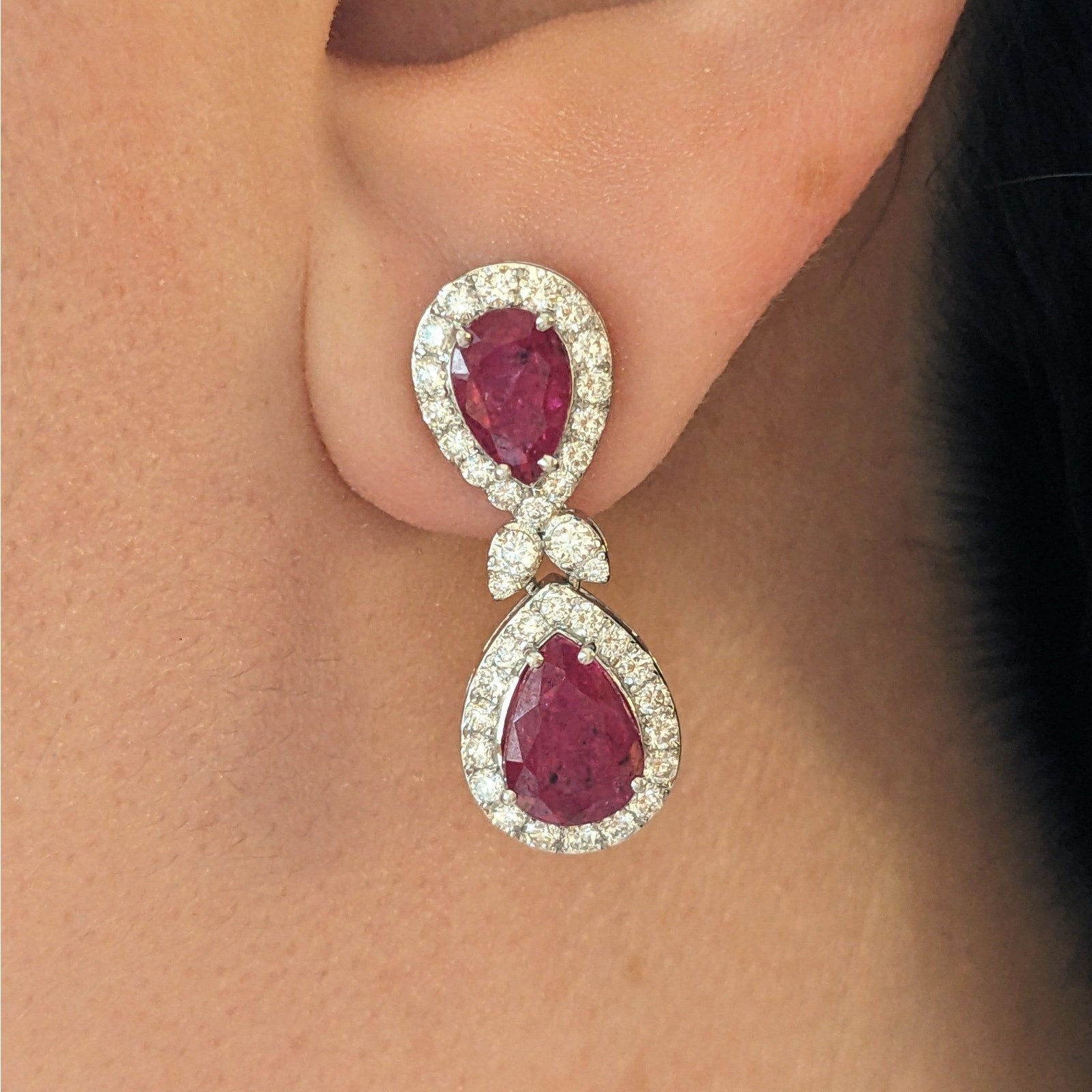 Natural Unheated Ruby and Diamond Drop Earrings in 18k White Gold