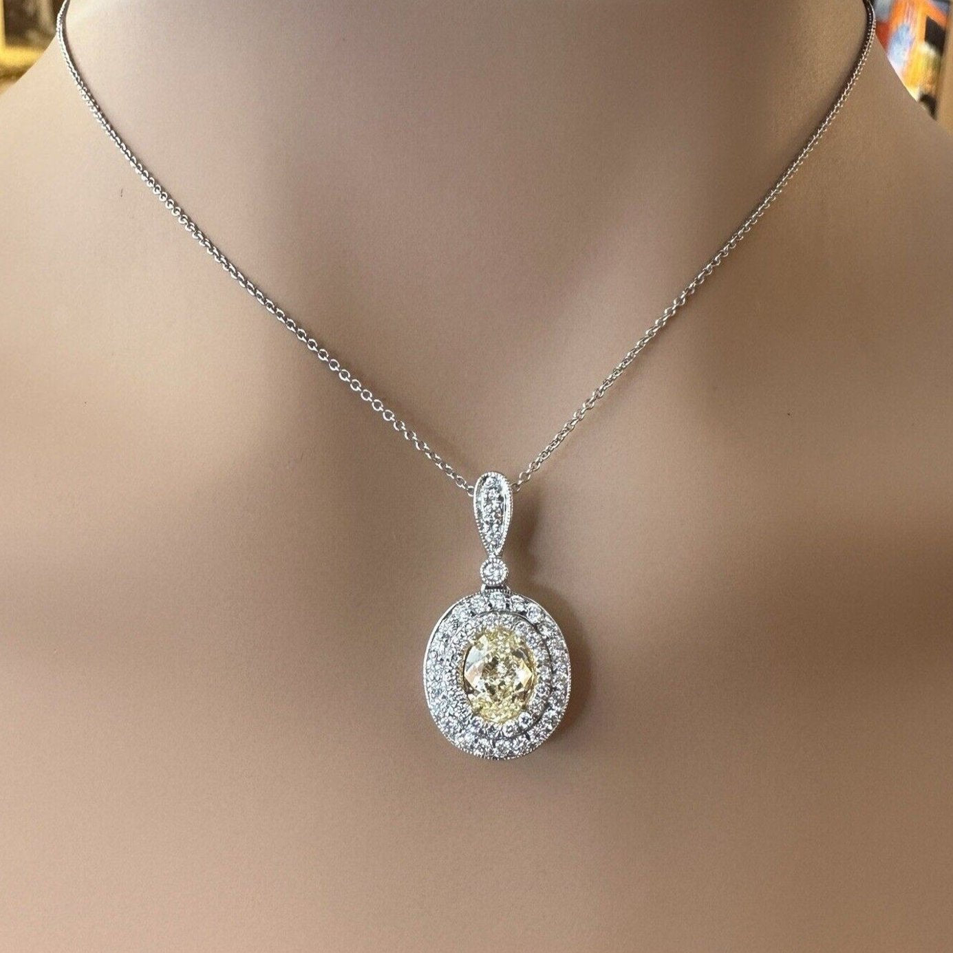 GIA Natural Yellow 1.50 ct Oval Diamond Pendant Necklace in White Gold
