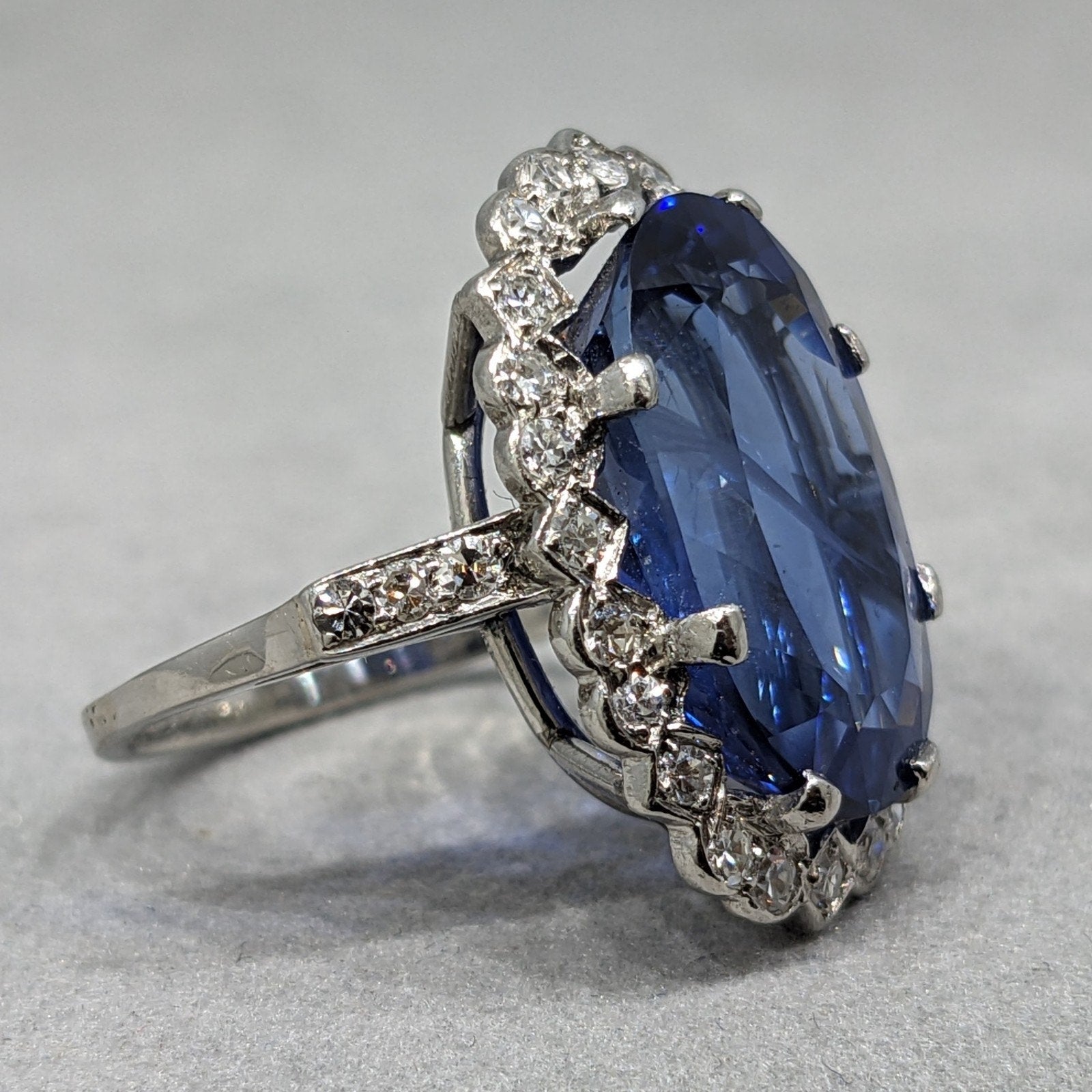 GIA 12.81 ct Unheated Burma Sapphire Vintage Diamond Ring in Platinum