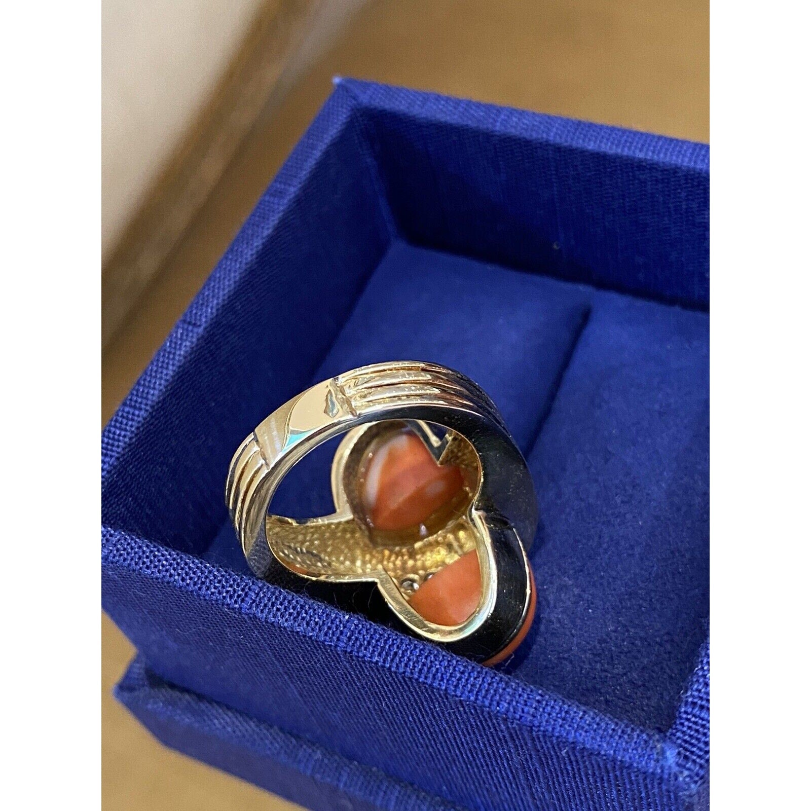 Large Vintage Coral and Diamond Ring in 18k Yellow Gold