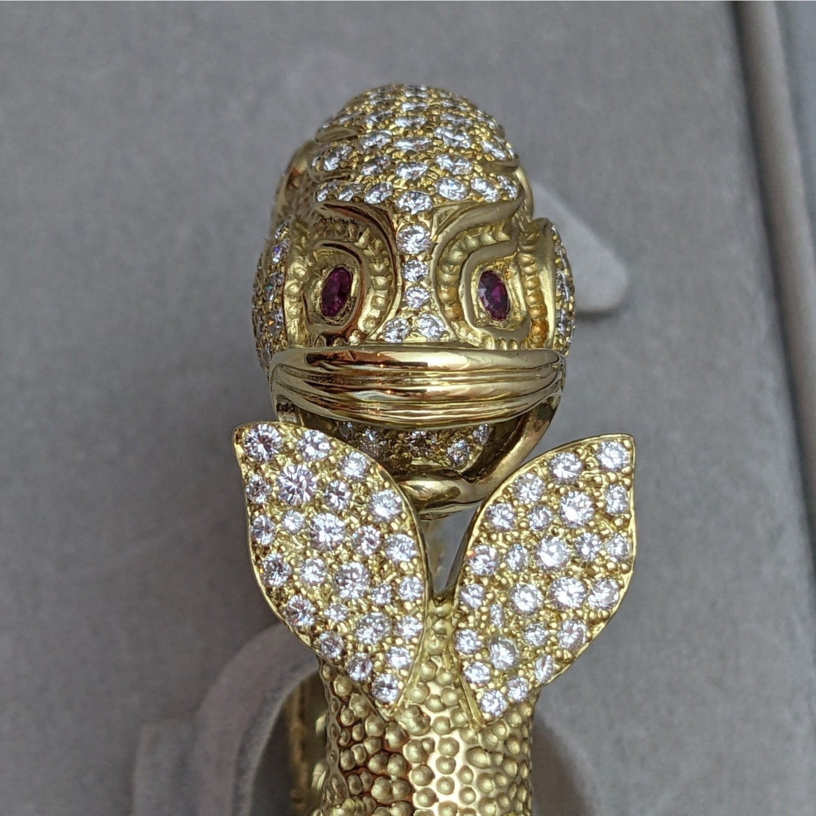 Heavy Diamond Hinged Fish Cuff Bracelet in Textured 18k Yellow Gold