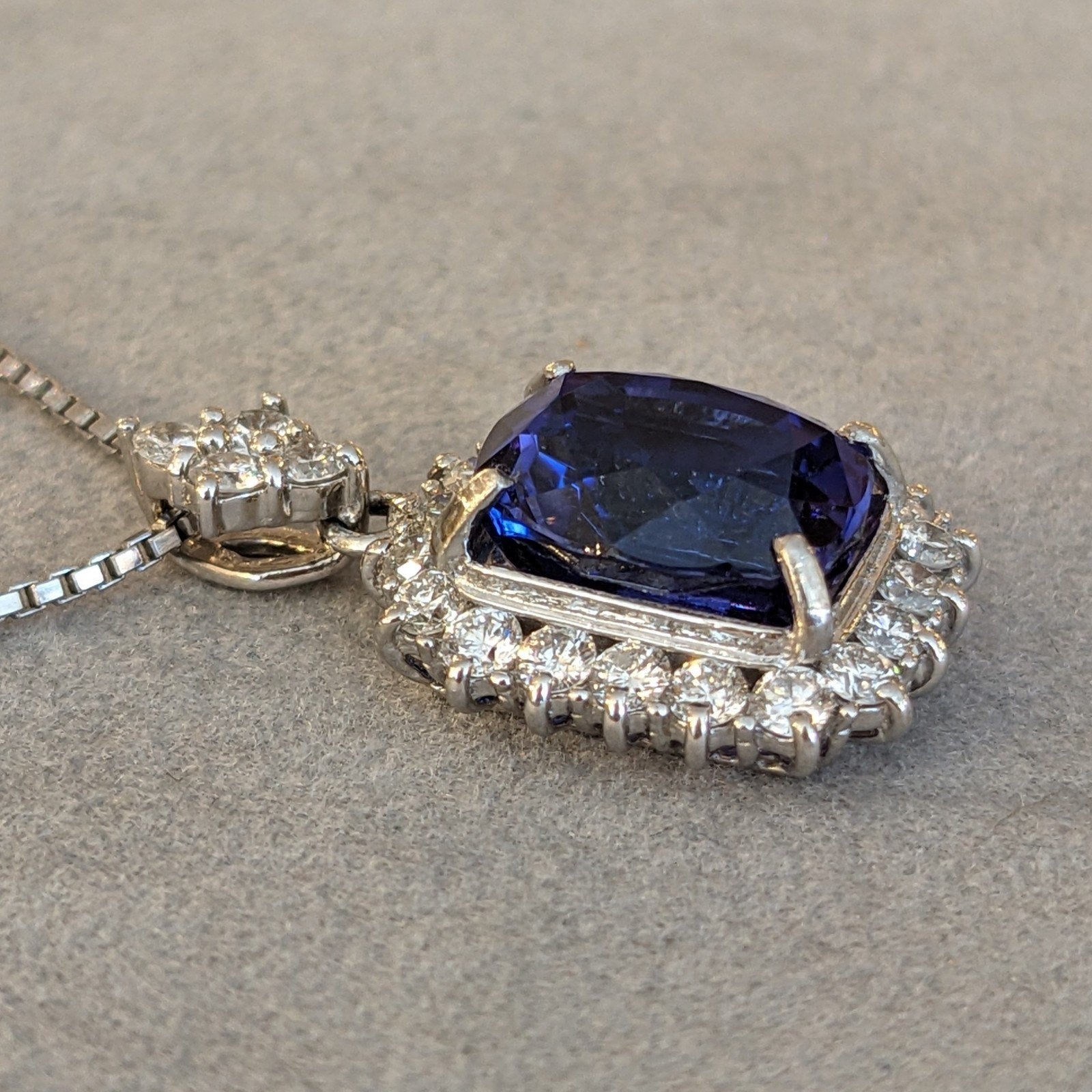 5.70 ct Cushion Tanzanite & Diamond Pendant Necklace in Platinum