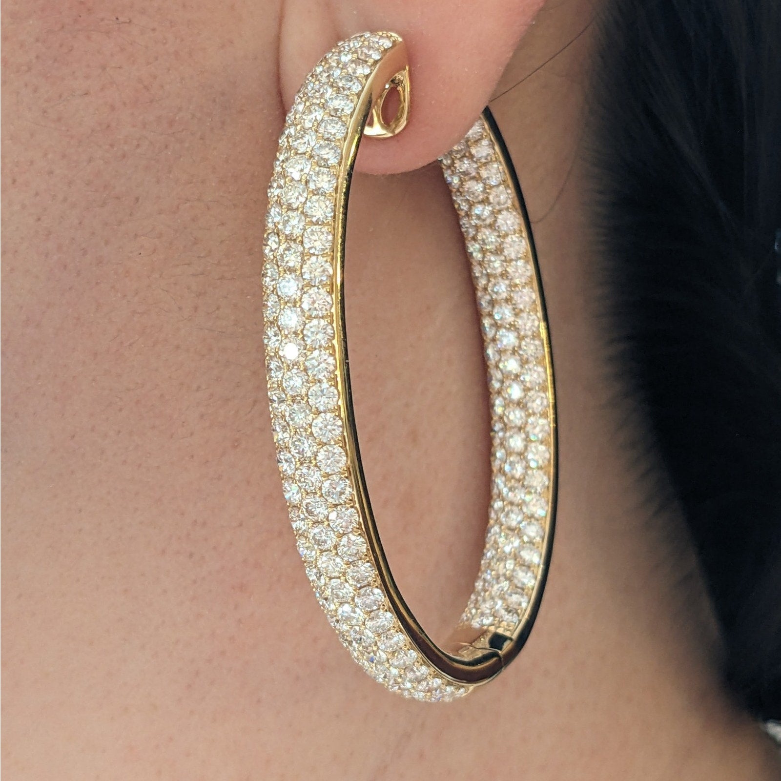 14.85cts Inside Out Oval Pave Diamond Hoop Earrings in 18k Yellow Gold