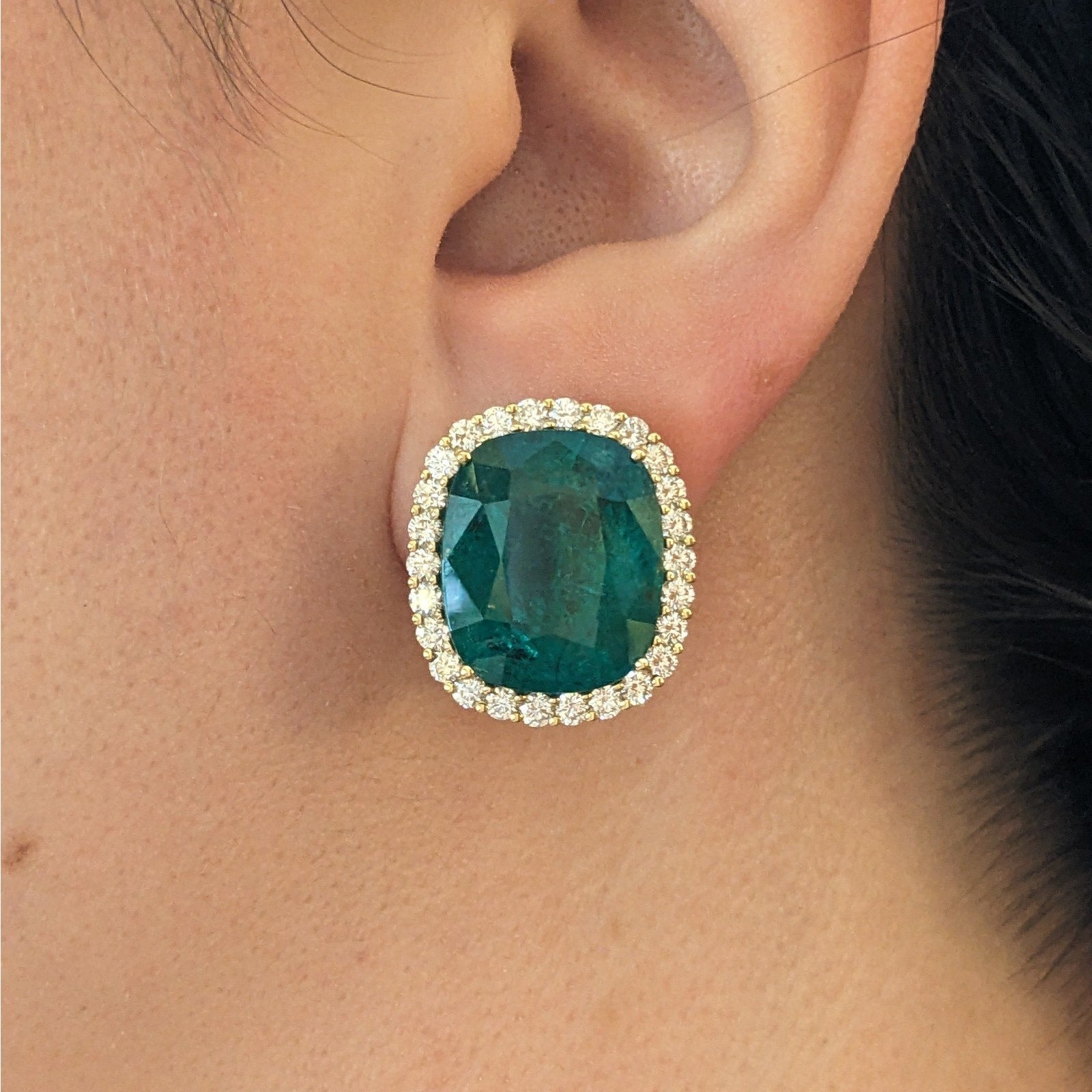 AGL 29.15 cts Cushion Emerald Halo Diamond Earrings 18k Yellow Gold