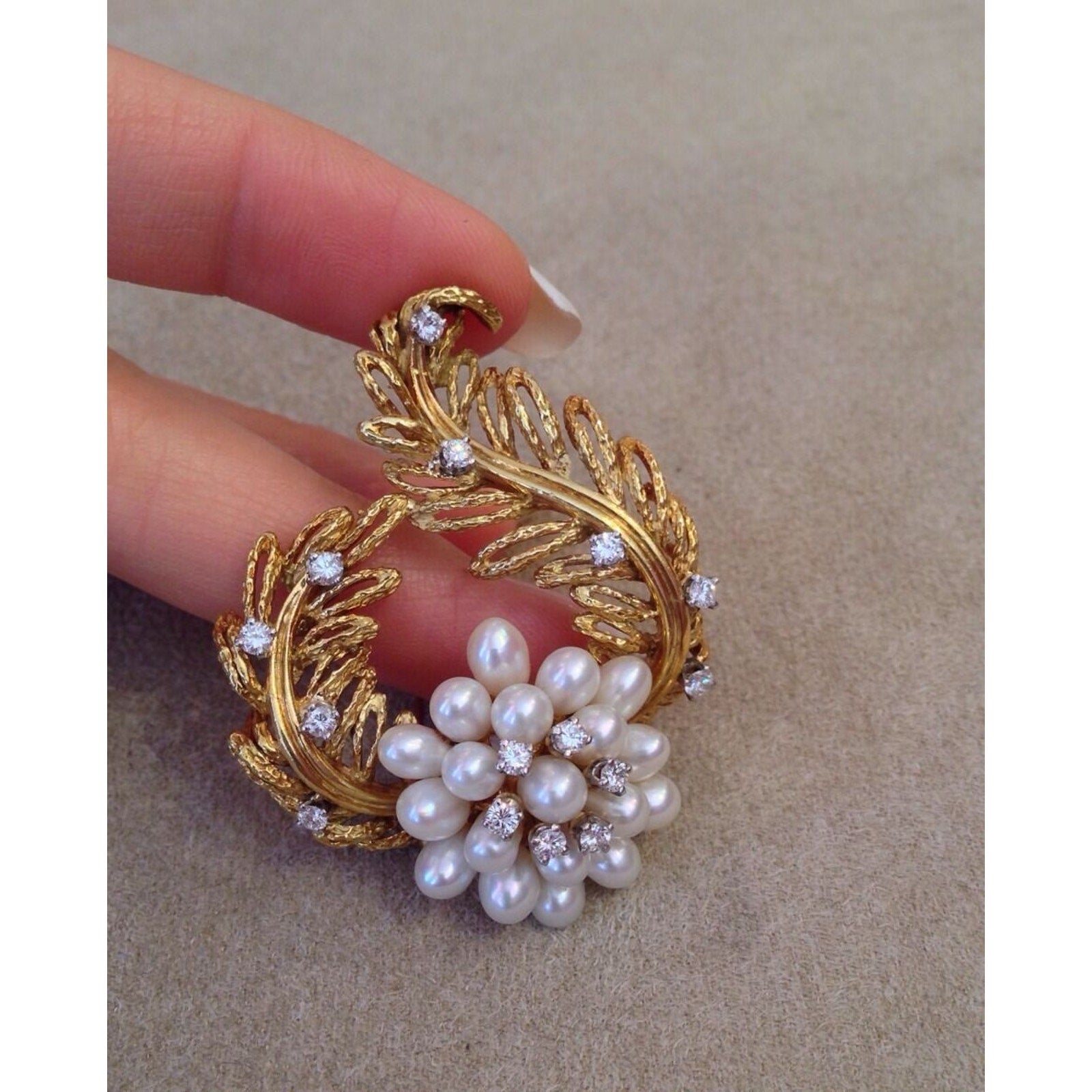 Le Triomphe Pearl & Diamond Floral Brooch / Pin in 18k Yellow Gold
