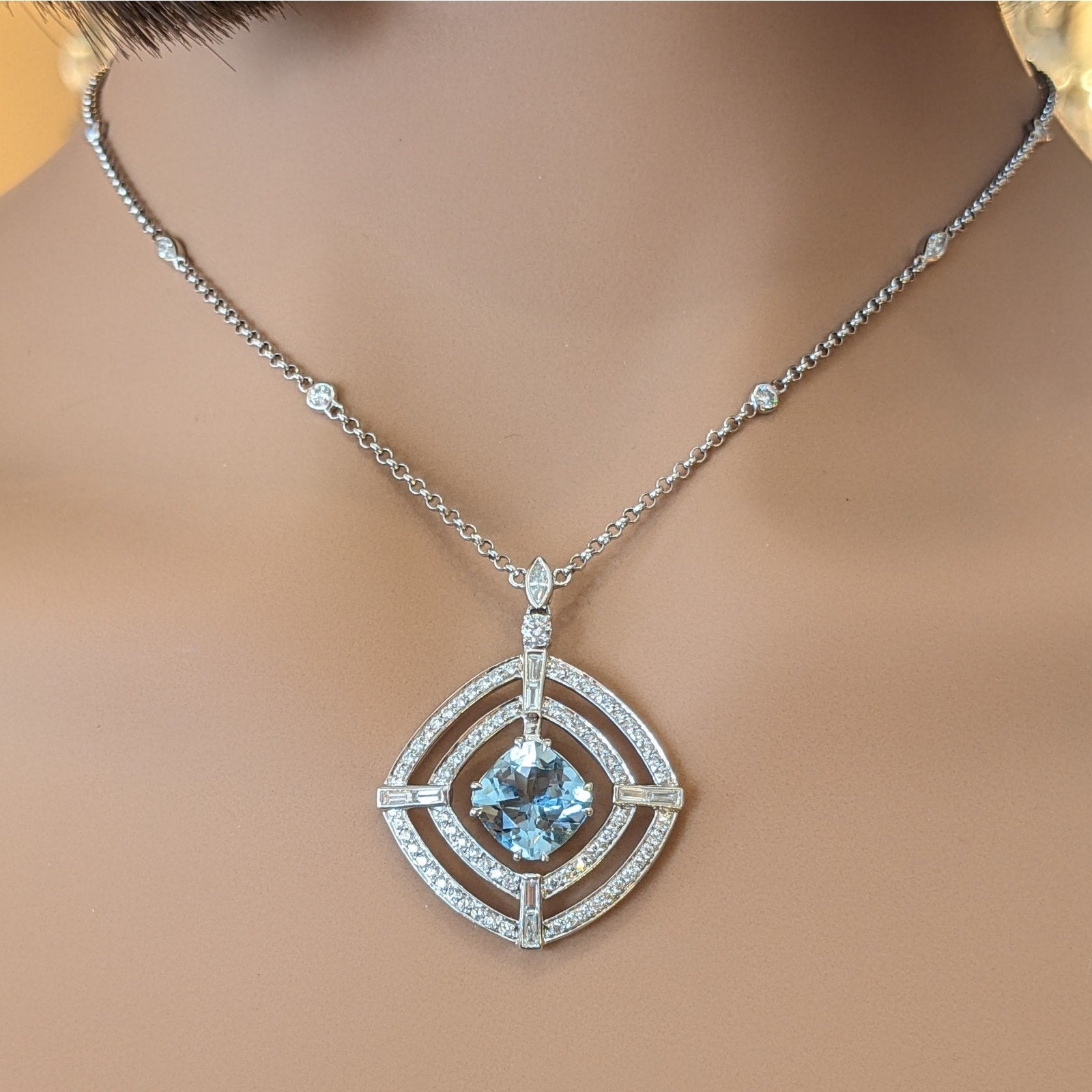 Natural Aquamarine and Diamond Pendant Necklace in 18k White Gold