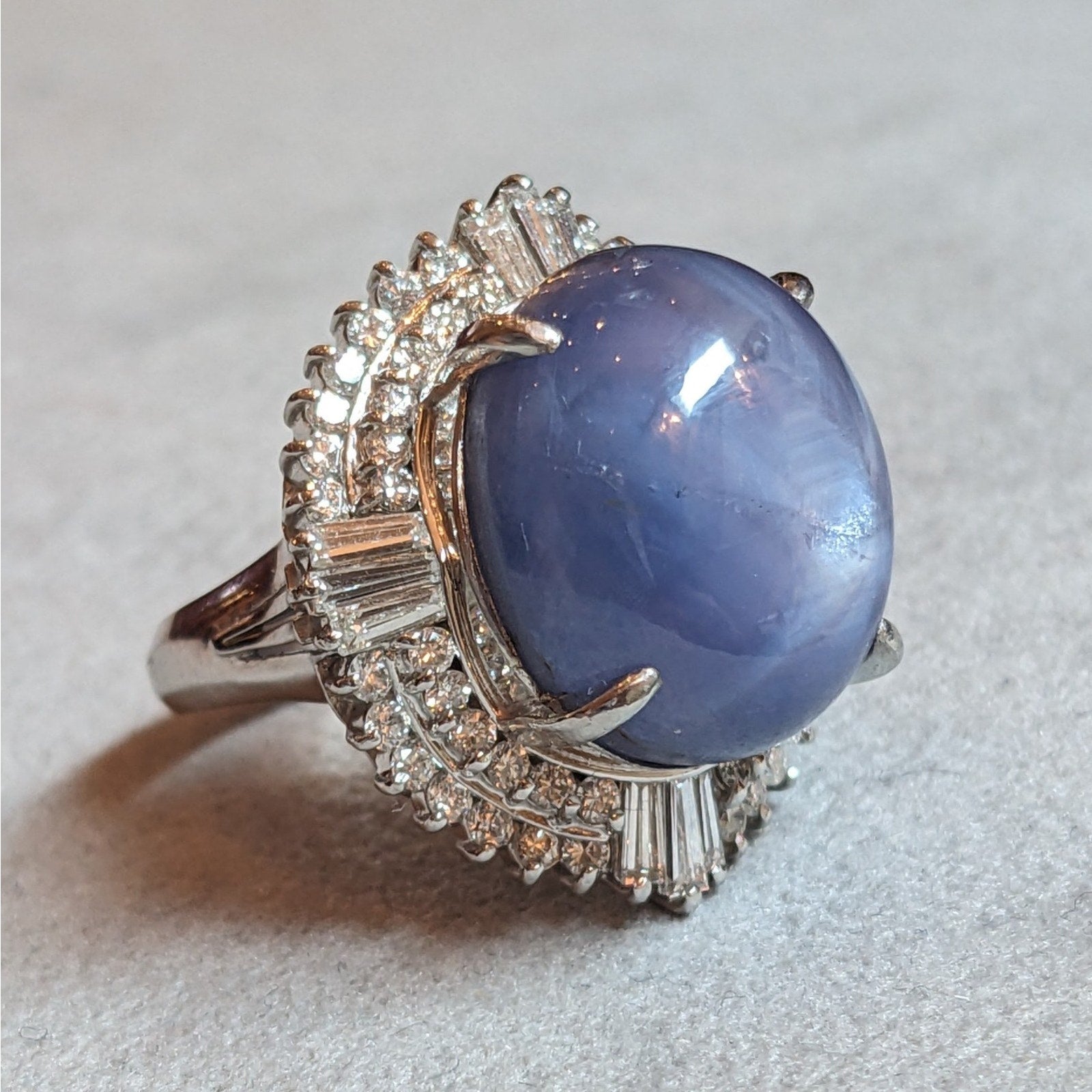 Large 31.52 ct Blue Star Sapphire in Platinum Diamond Ballerina Setting