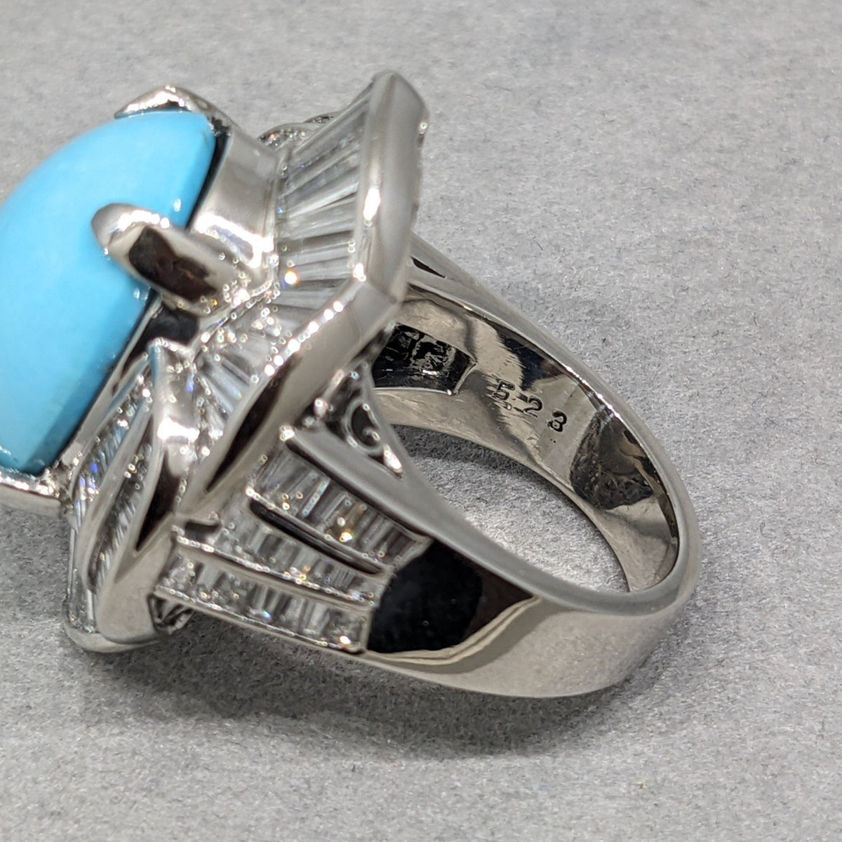 Large Turquoise and Baguette Diamond Cocktail Ring in Platinum