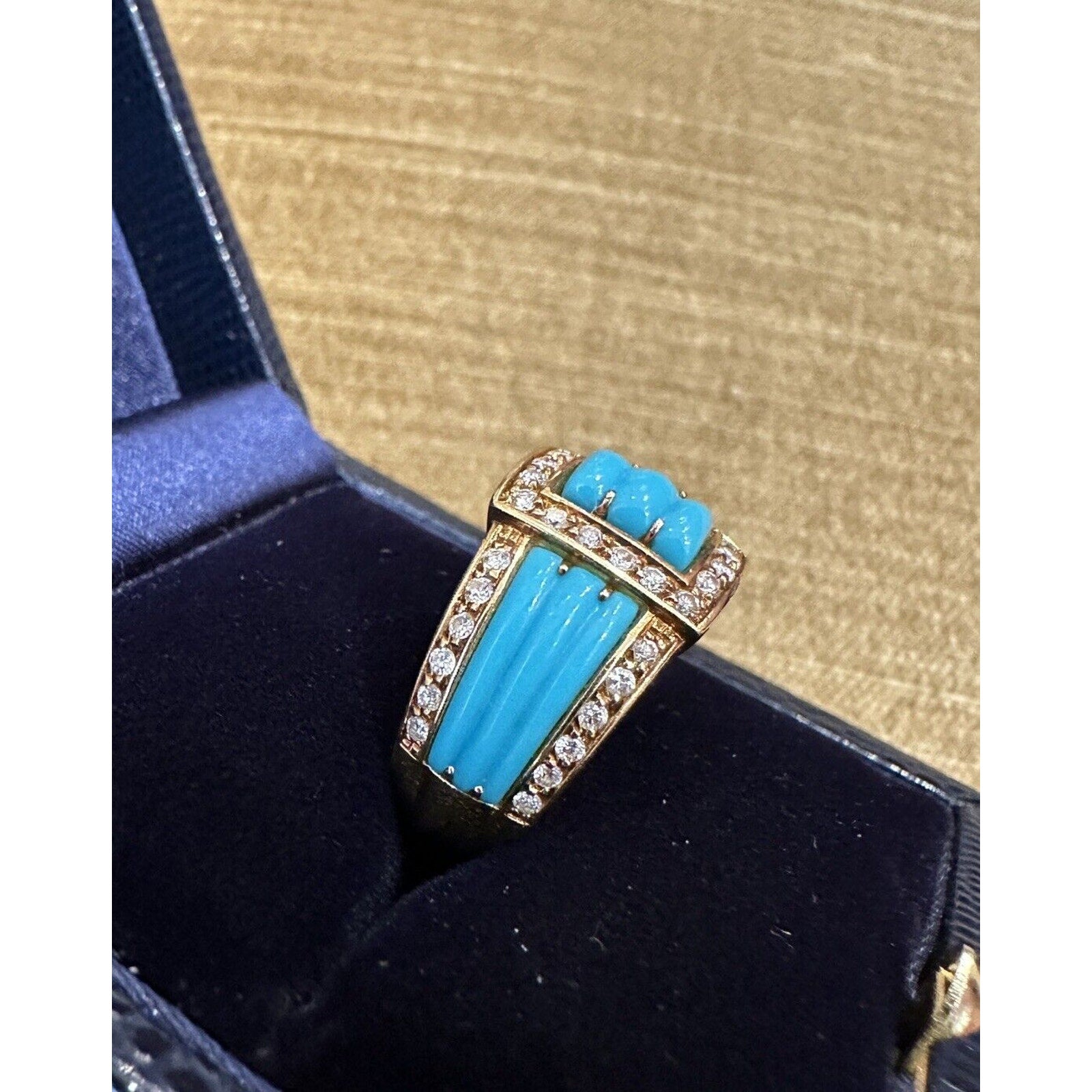 Estate Turquoise and Diamond Band Ring in 18k Yellow Gold