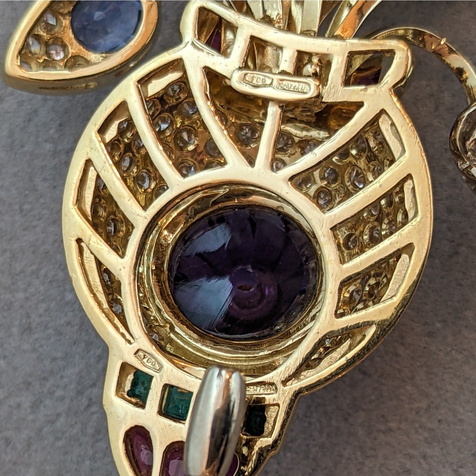 Multi-Gem Flower Pin with Diamonds and Amethyst in 18k Yellow Gold