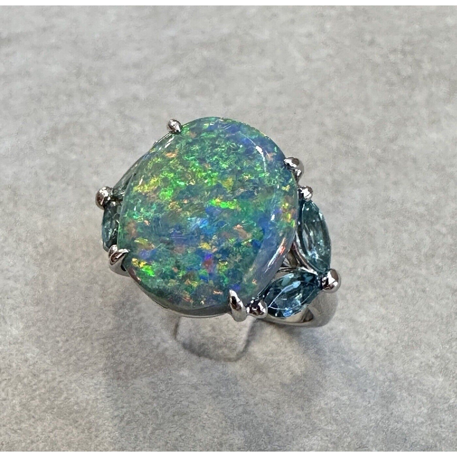 GIA 6.55 ct Black Opal & Aquamarine Ring in Platinum