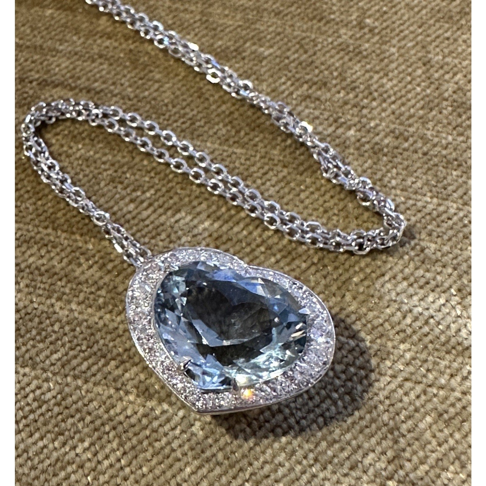 Heart Aquamarine & Diamond Halo Pendant Necklace Platinum & 14k Chain