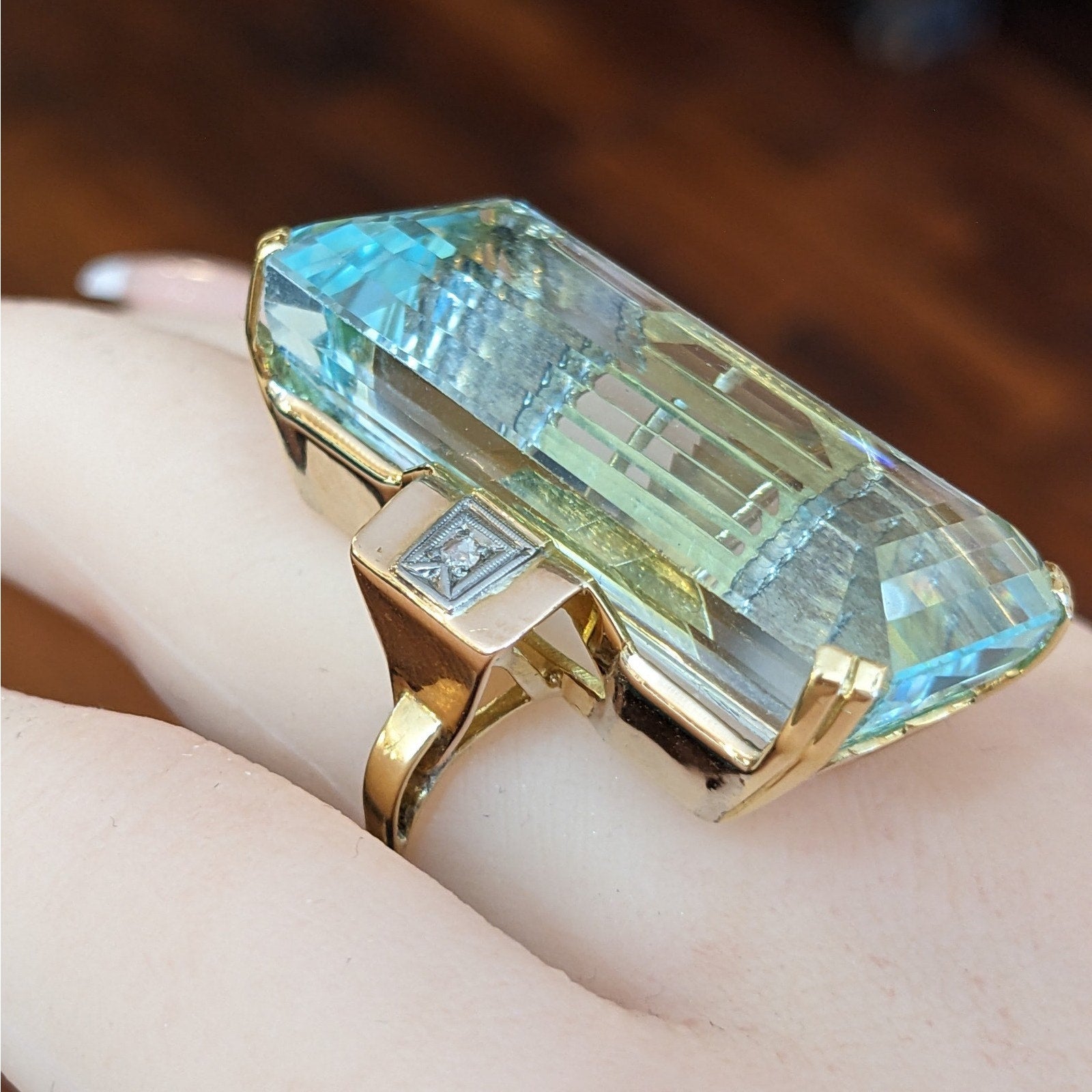 66.92 ct Elongated Aquamarine in Retro ring setting 18k and 14k Gold