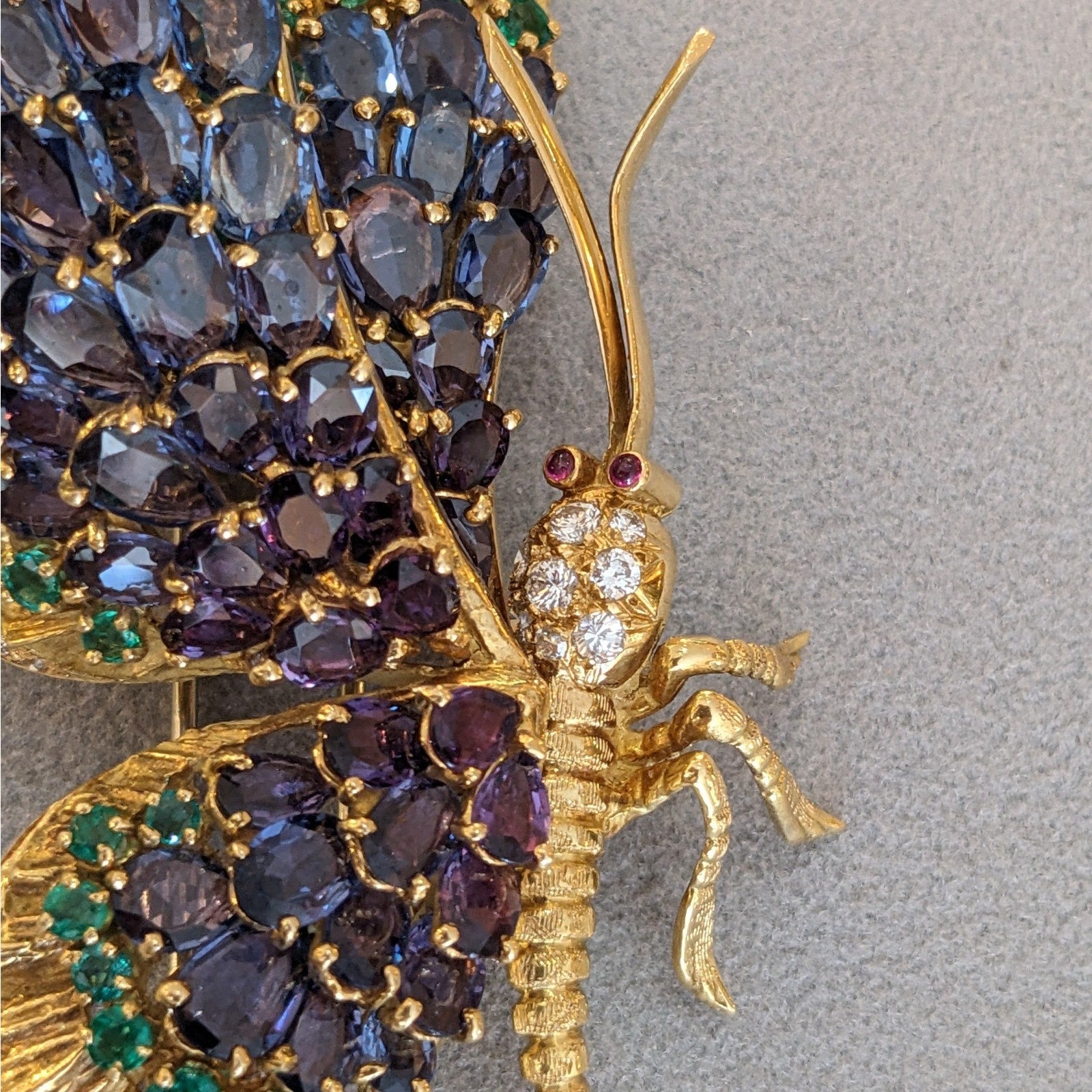 Large Sapphire, Emerald, and Diamond Butterfly Pin in 18k Yellow Gold