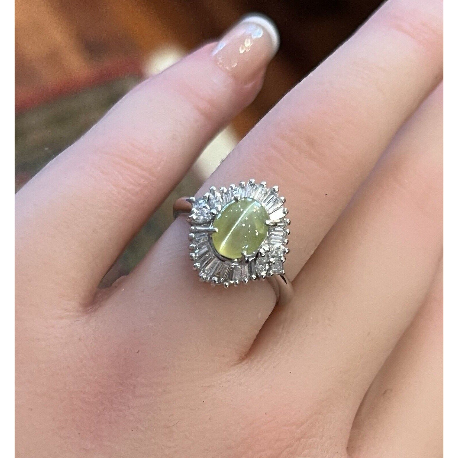 Cat's Eye Chrysoberyl Cabochon and Diamond Ring in Platinum