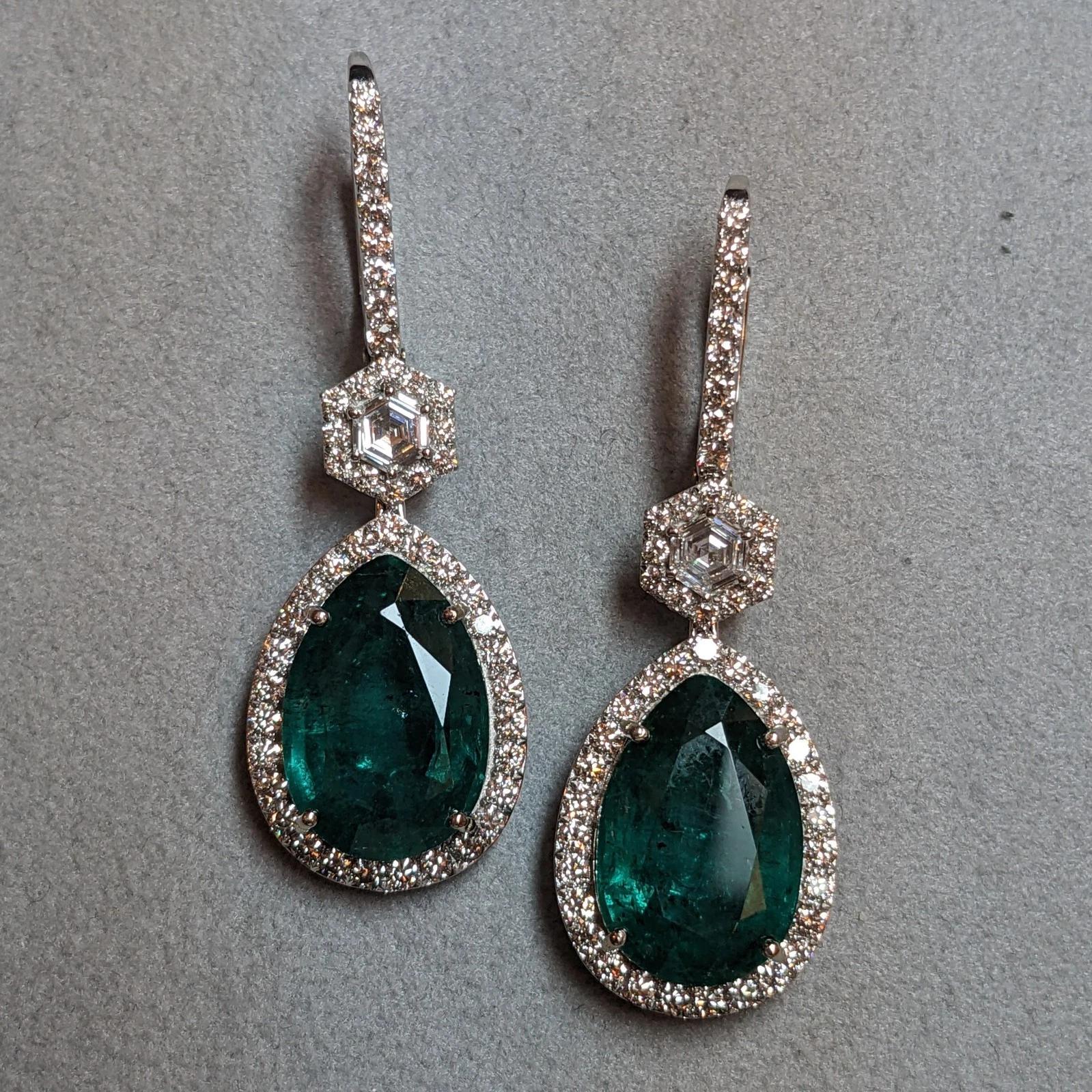 Large Pear Emerald Drop Earrings with Diamonds in 18k White Gold