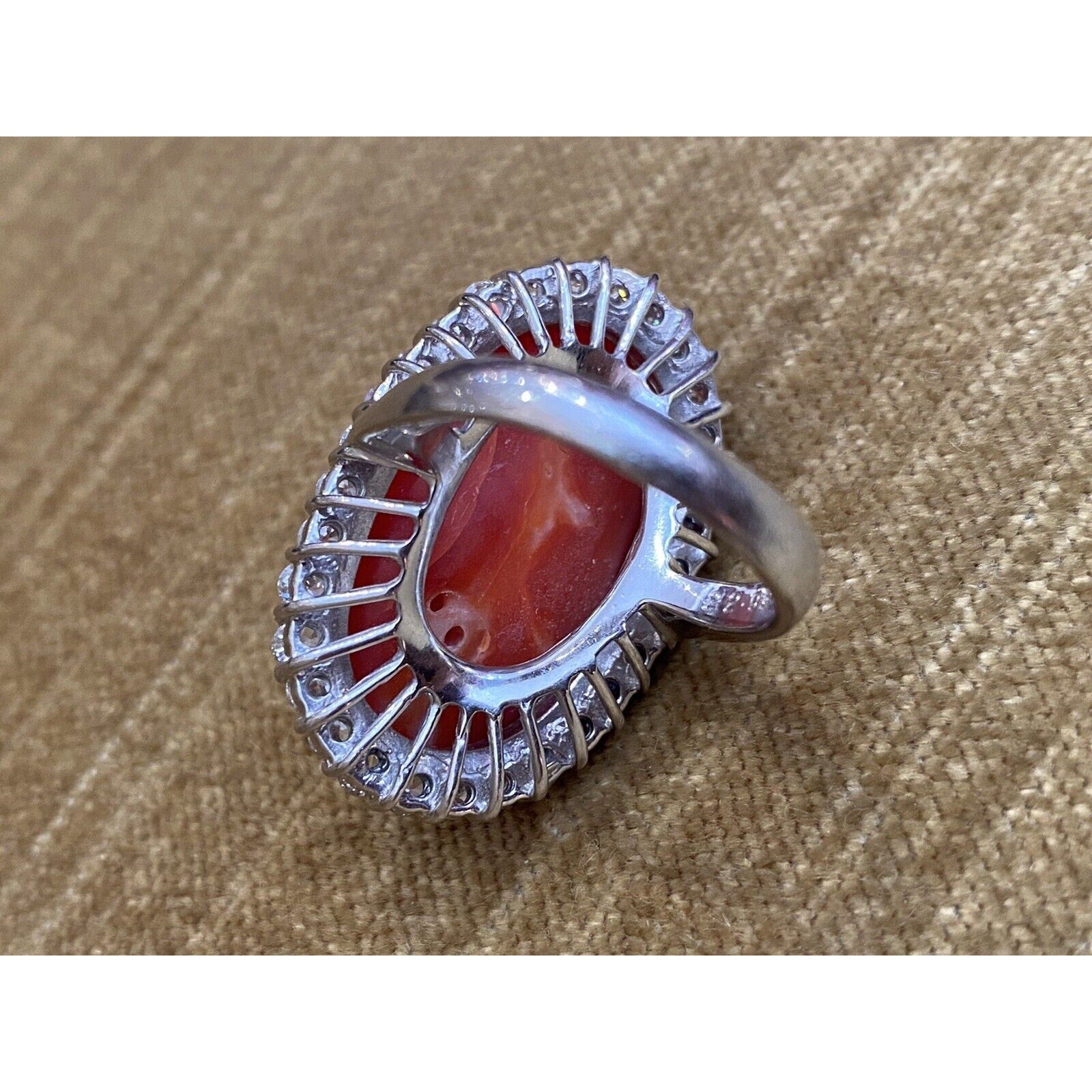 Estate 22.95 cts Red Coral and Diamond Large Cocktail Ring in Platinum