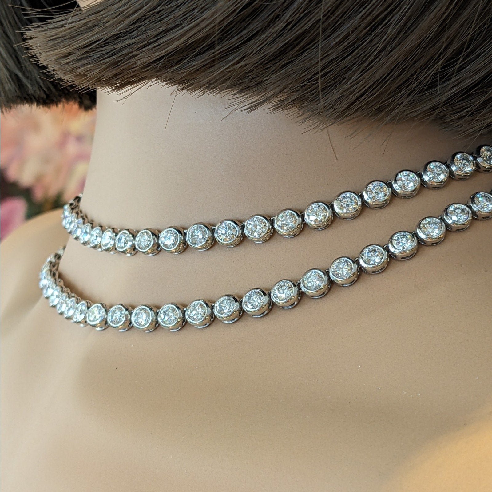 25.00 ctw Natural Diamond Bezel Set 32" Tennis Necklace 18k White Gold