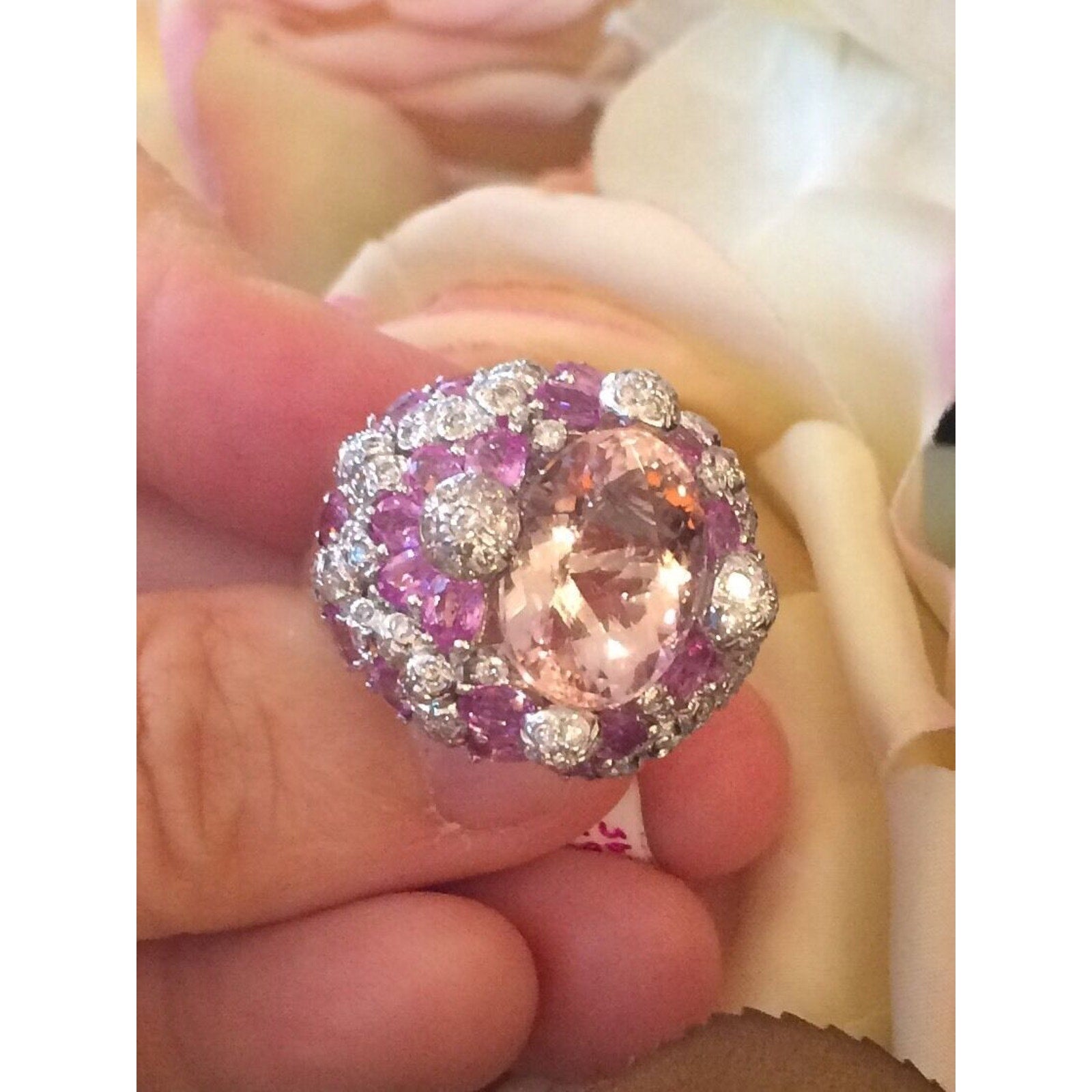 Kunzite, Pink Sapphire & Diamond Cocktail Ring in 18k White Gold