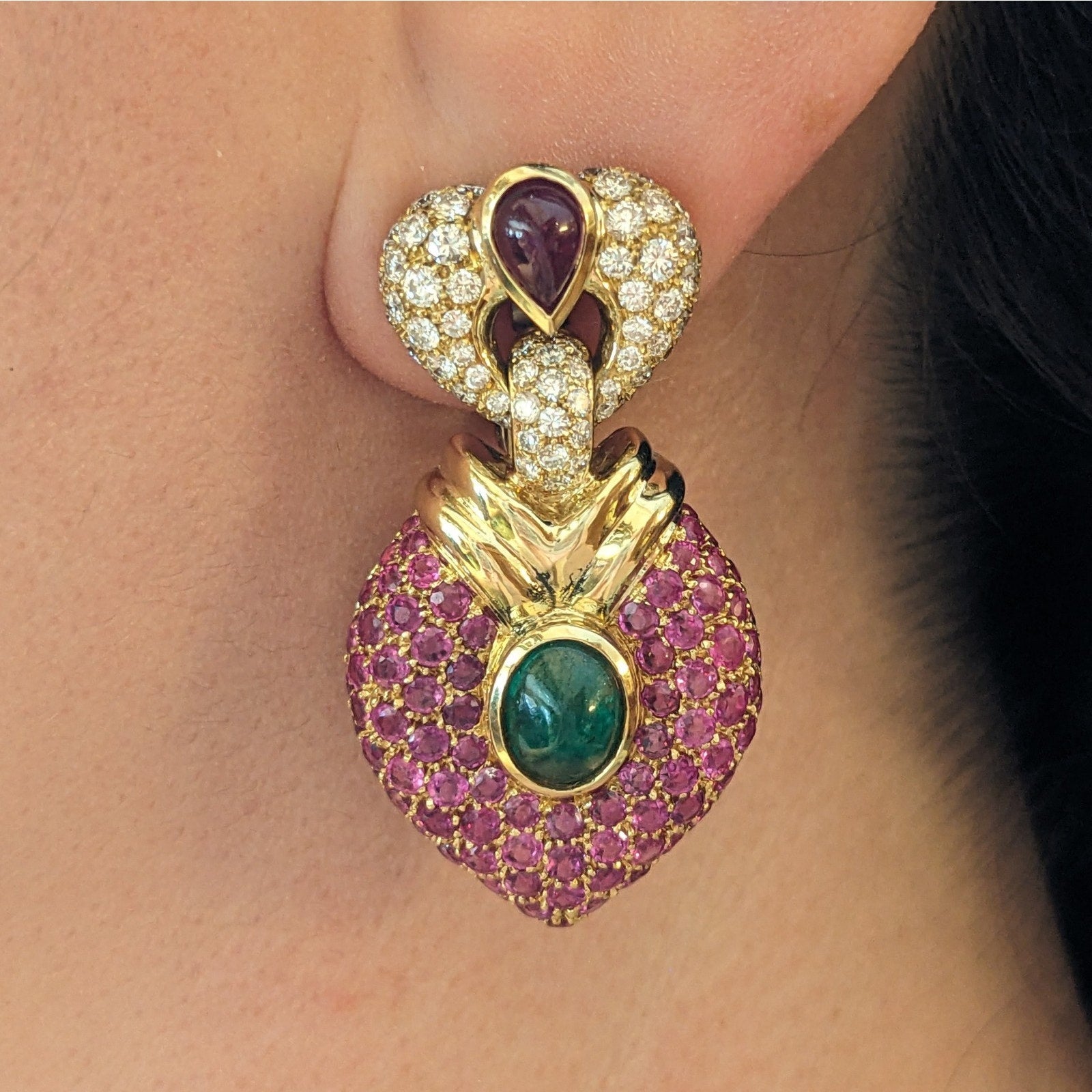 Pave Ruby and Diamond & Emerald Doorknocker Earrings in 18k Yellow Gold
