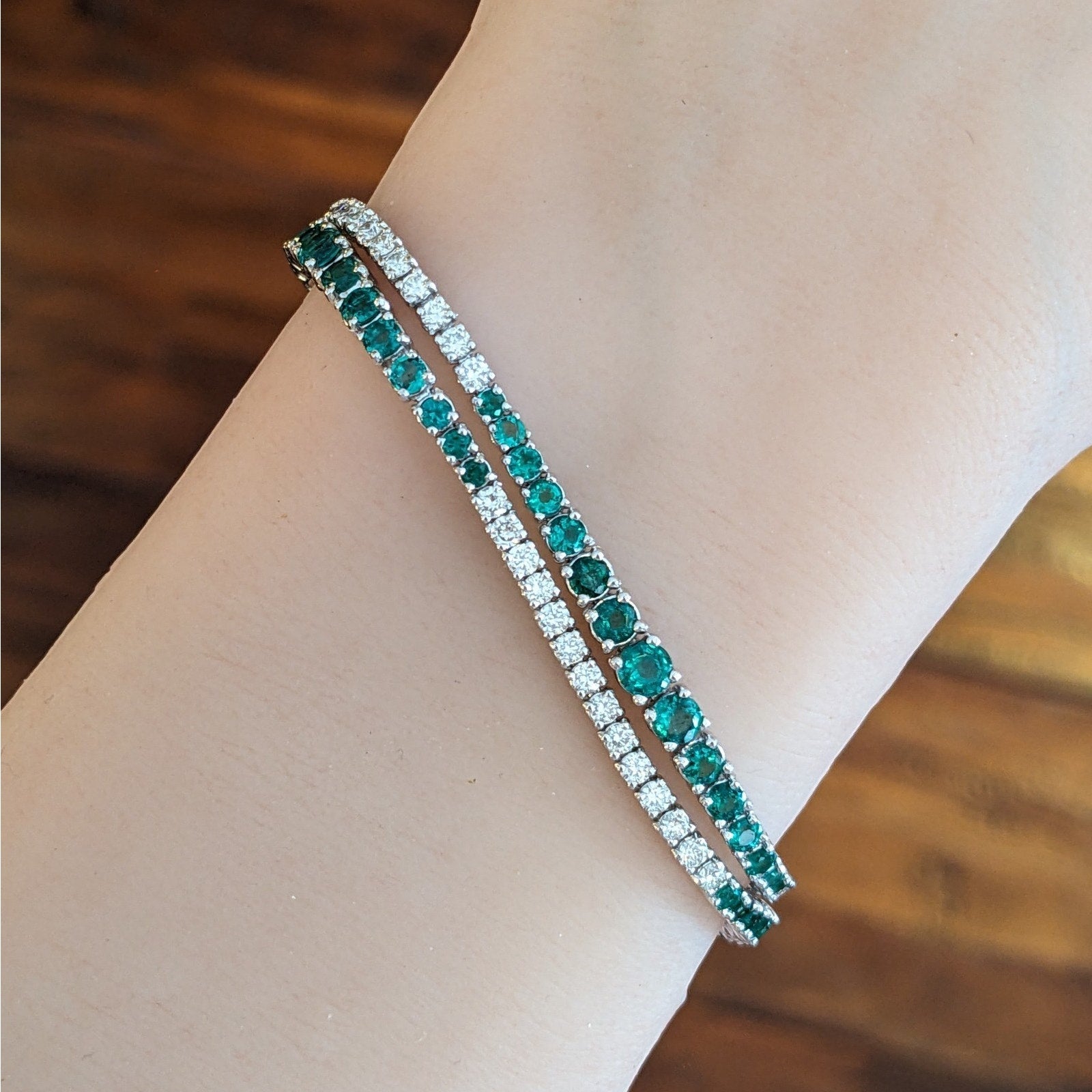 Emerald and Diamond Double Strand Bracelet in 18k White Gold]