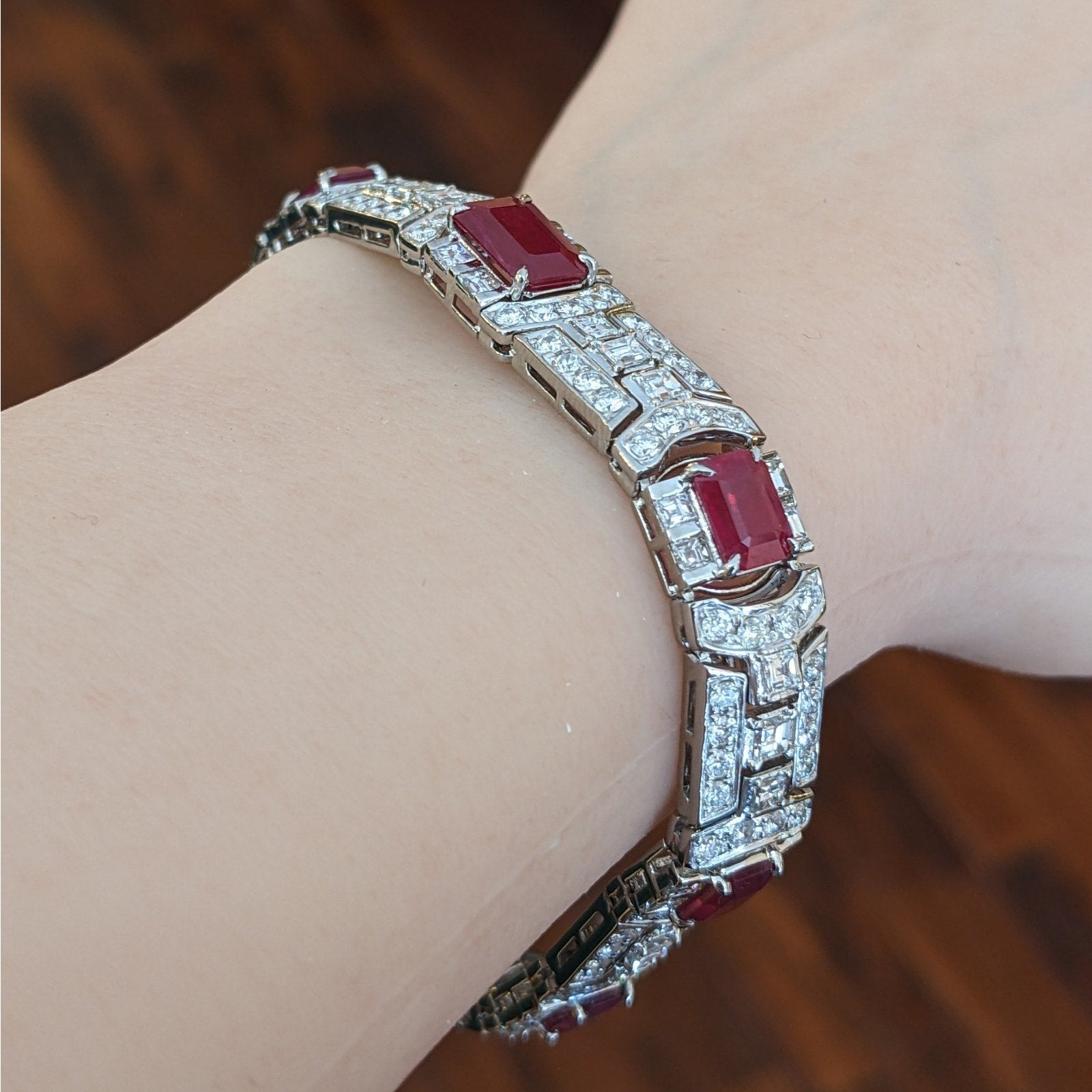 Natural Diamond and Ruby Statement Bracelet in Platinum