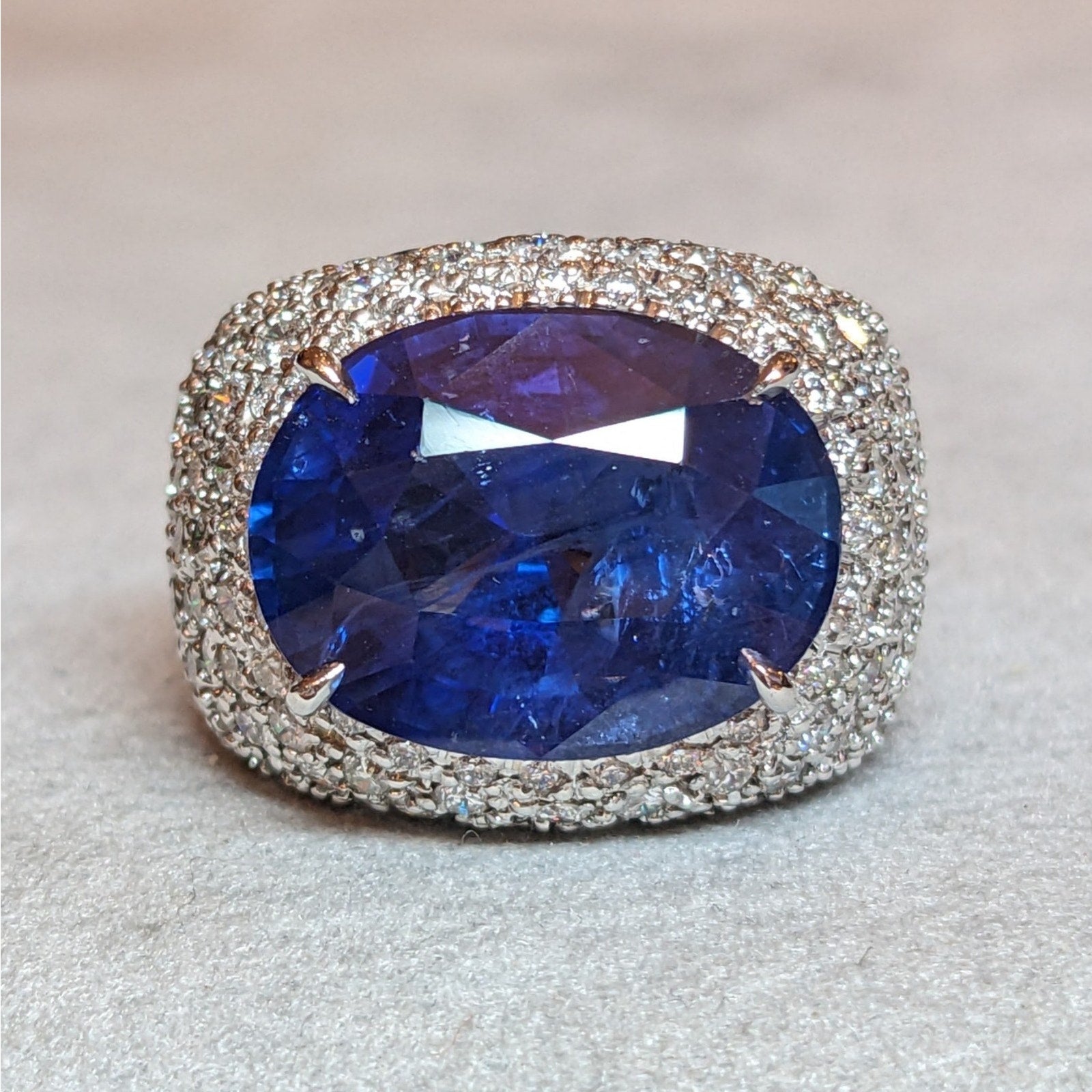 GIA 13.04 carat Oval Ceylon Sapphire & Diamond Ring in 18k White Gold