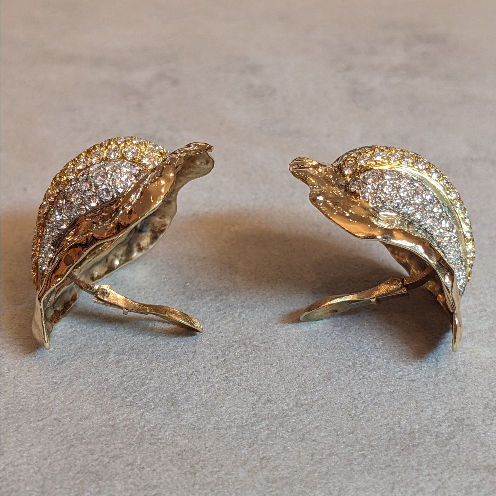 Diamond Pave Seashell Earrings 4.25 ctw in 14k Yellow & White Gold