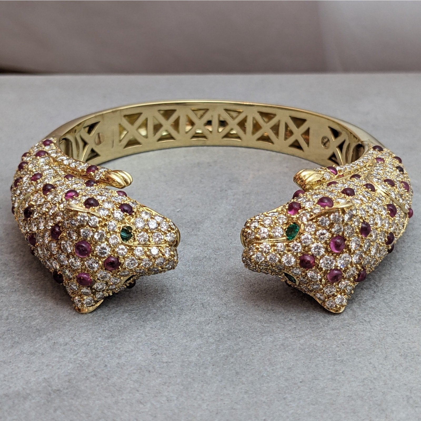 Ruby and Diamond Pave Panther Head Bangle Bracelet in 18k Yellow Gold