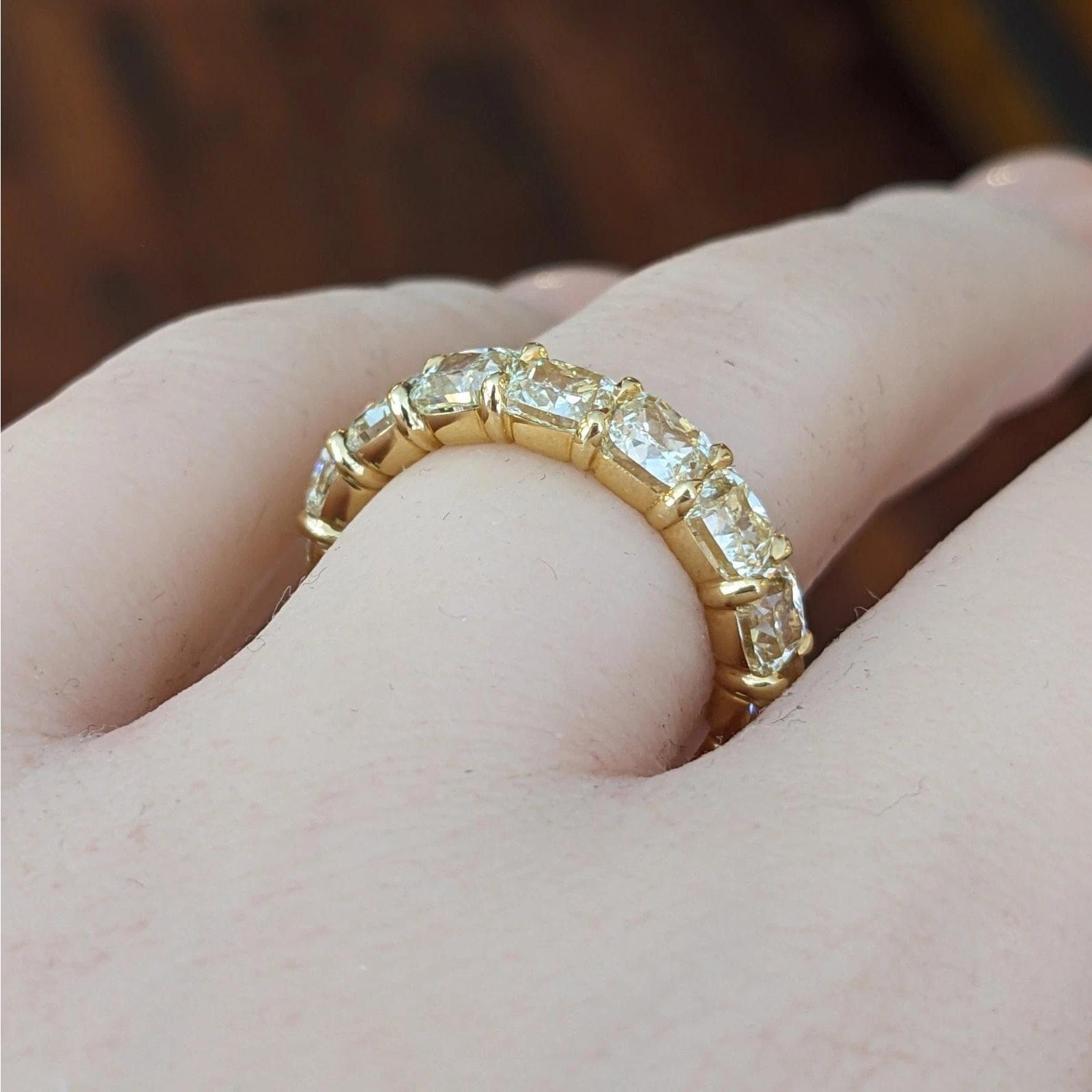 Light Yellow Cushion Diamond Eternity Ring 7.47cts in 18k Yellow Gold