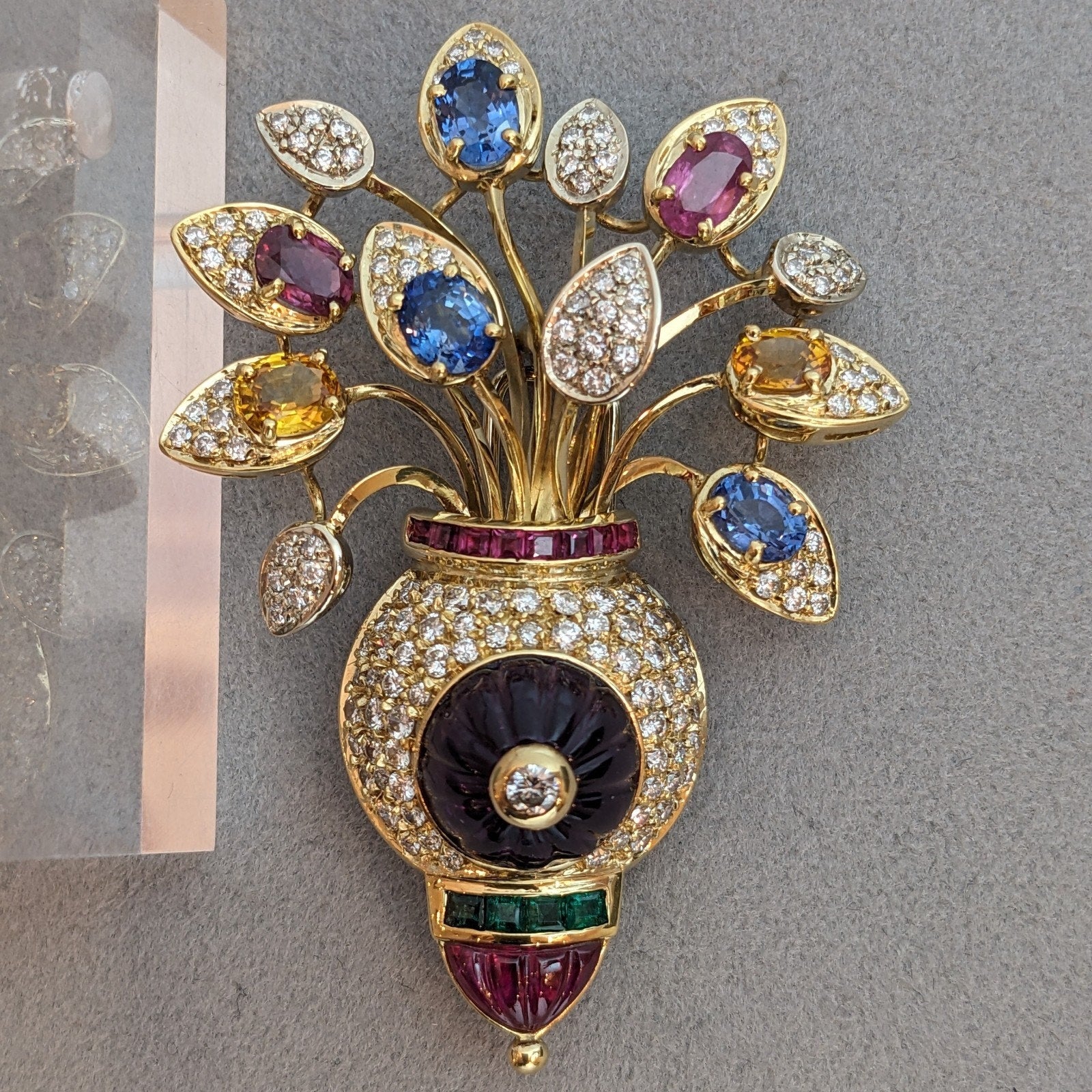 Multi-Gem Flower Pin with Diamonds and Amethyst in 18k Yellow Gold