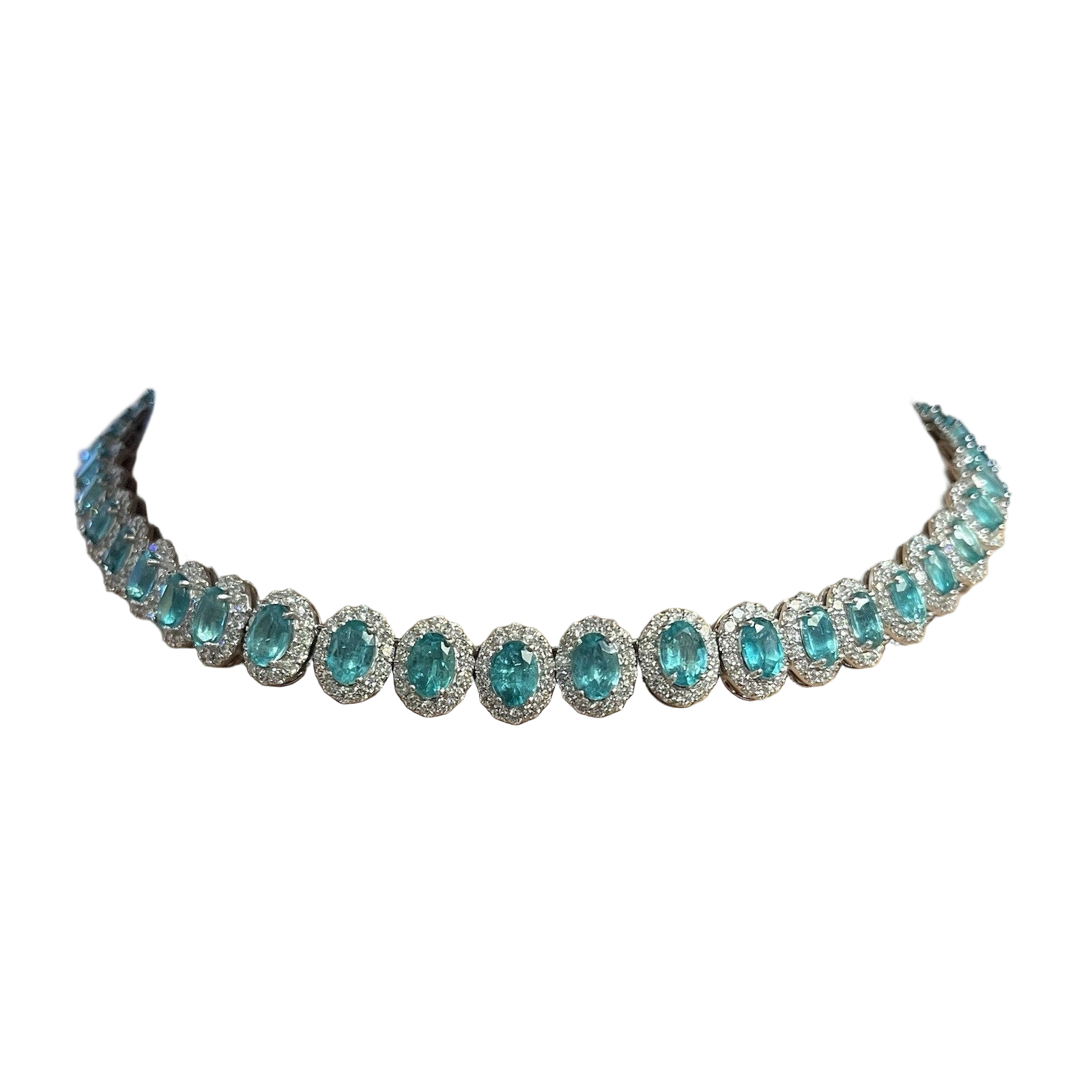 Oval Emerald and Diamond Halo Setting Choker Necklace in 18k White Gold