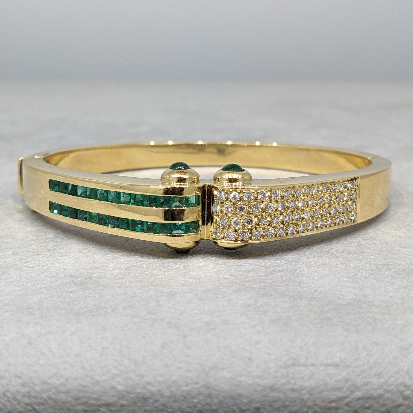 Emerald and Diamond Hinged Bangle Bracelet in 18k Yellow Gold