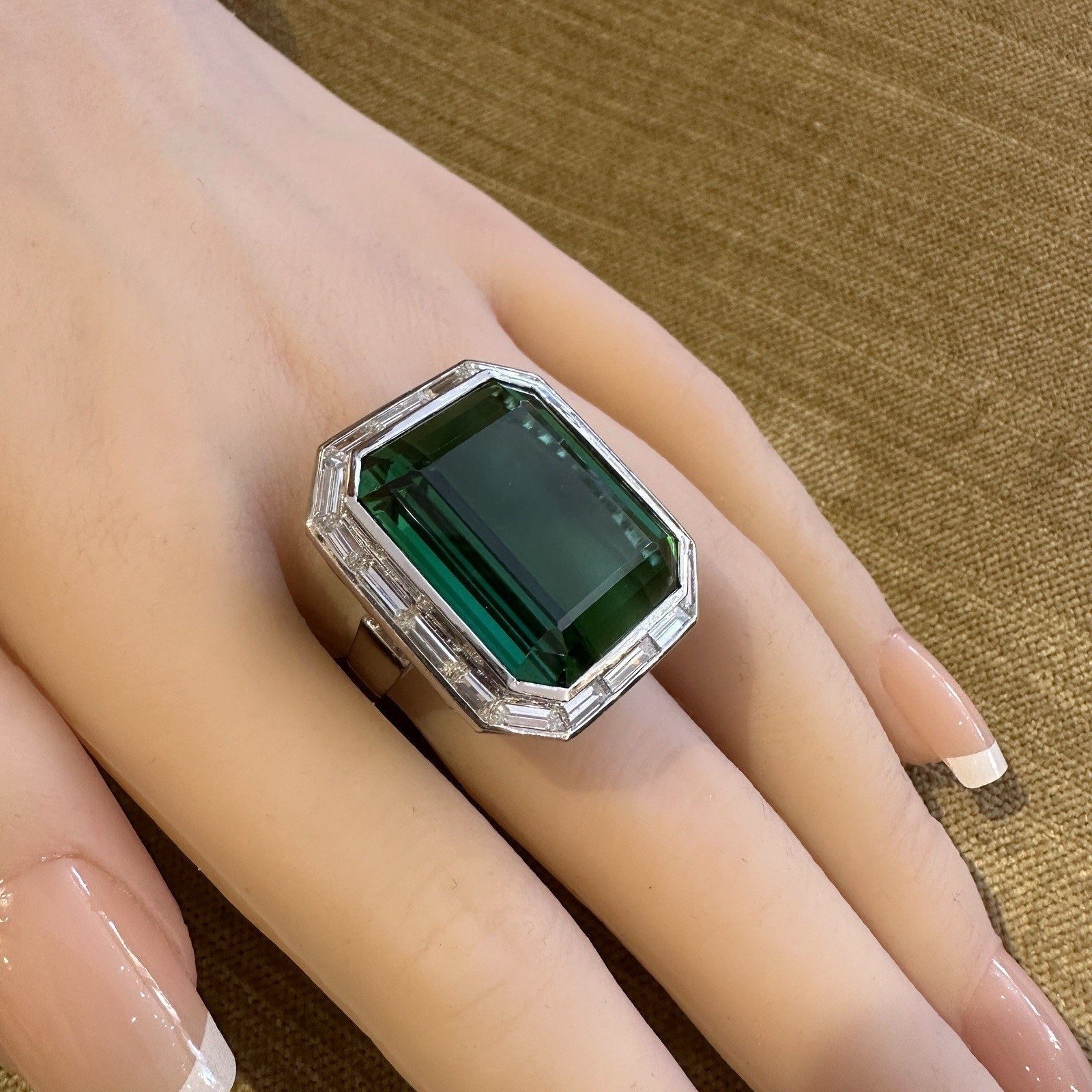 GIA 43 ct Green Tourmaline & Diamond Halo Cocktail Ring 18k White Gold